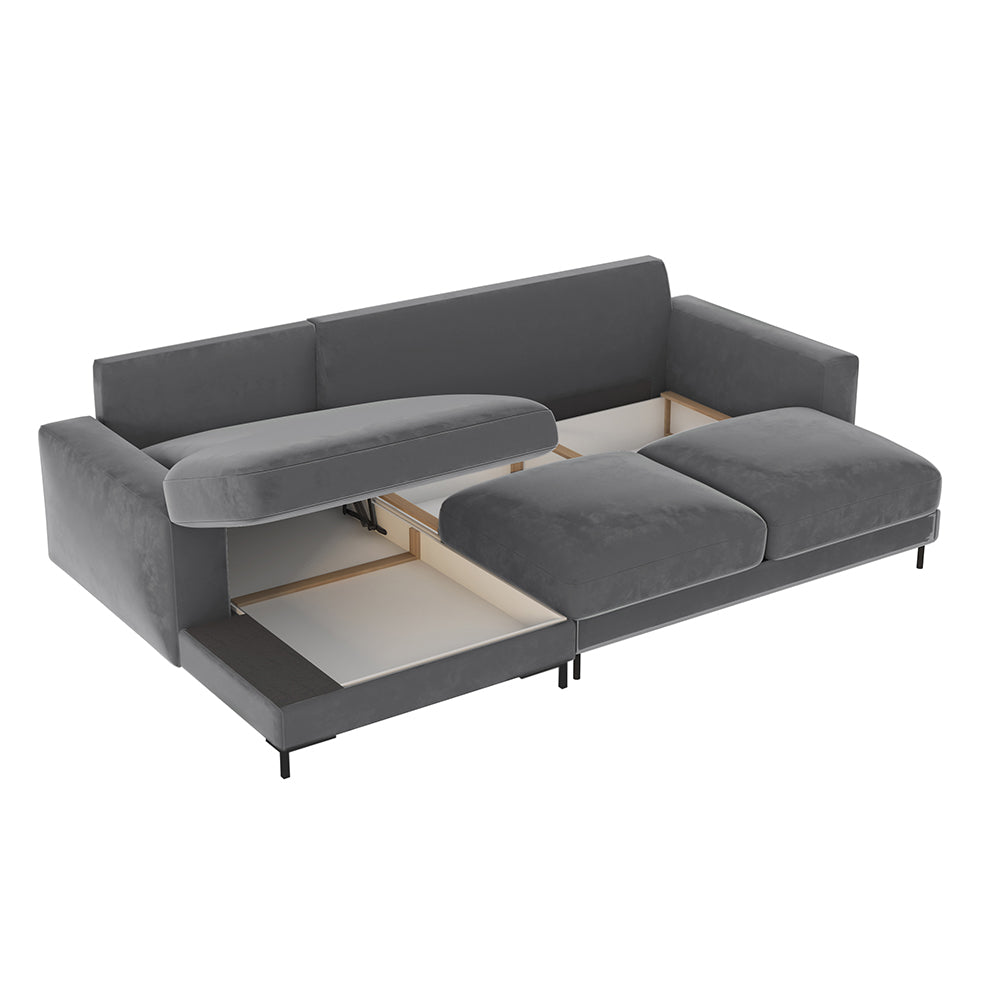 Ecksofa mit Schlafunktion Mokpeo, L-förmig, mit zwei Aufbewahrungsboxen, schwarze Füße, grafitfarbener Samt, linksseitig