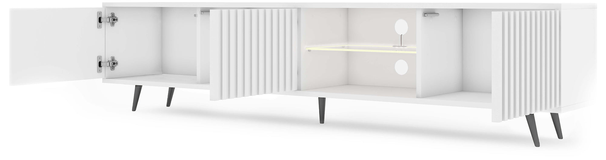 TV-Schrank Bello mit Lamellenfronten, 175 cm, weiß, mit LED und schwarzen Beinen
