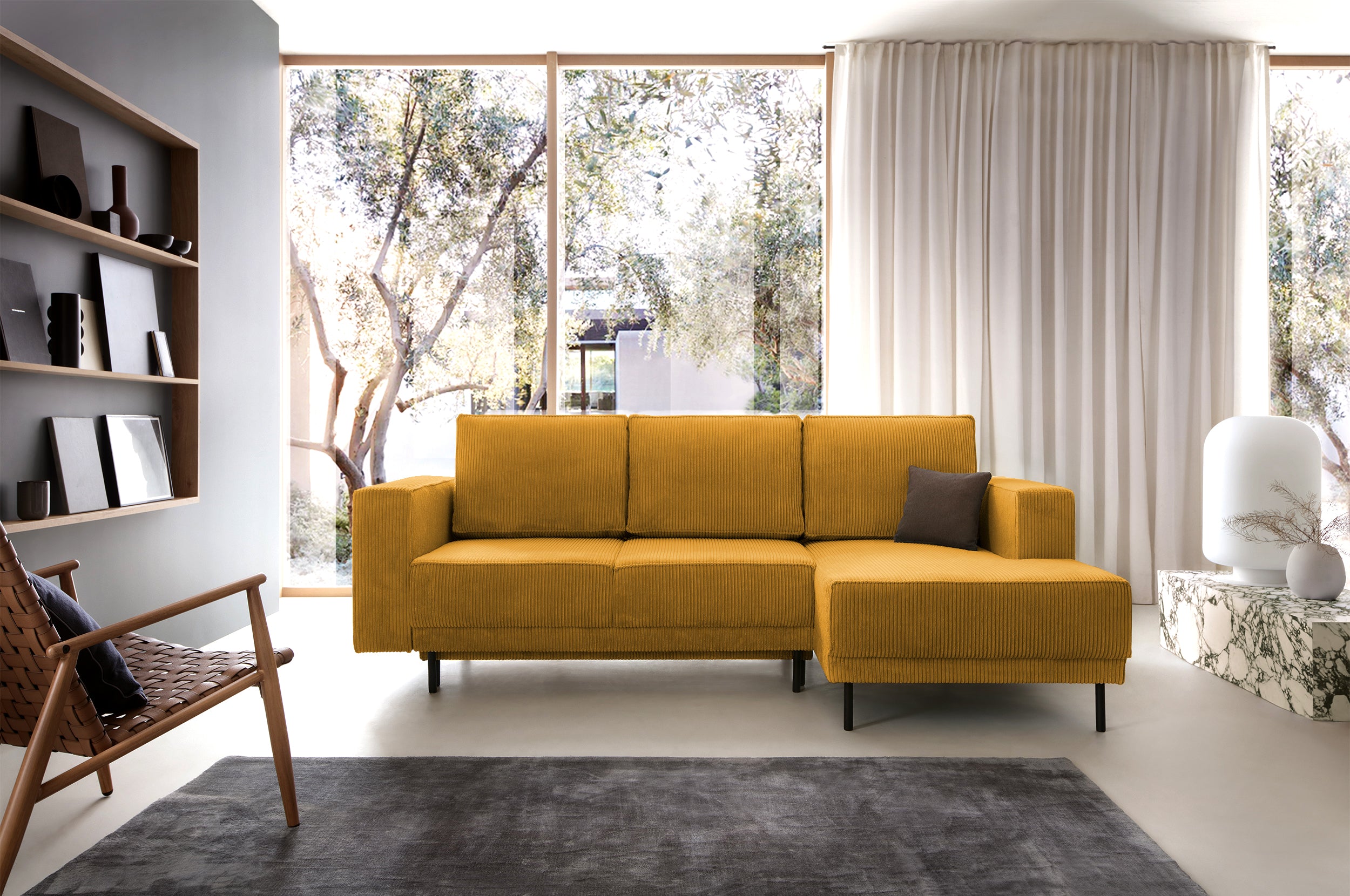 Ecksofa mit Schlaffunktion Rodario Mini, L-förmig, mit Stauraum, senfgelber Cordstoff, rechtsseitig