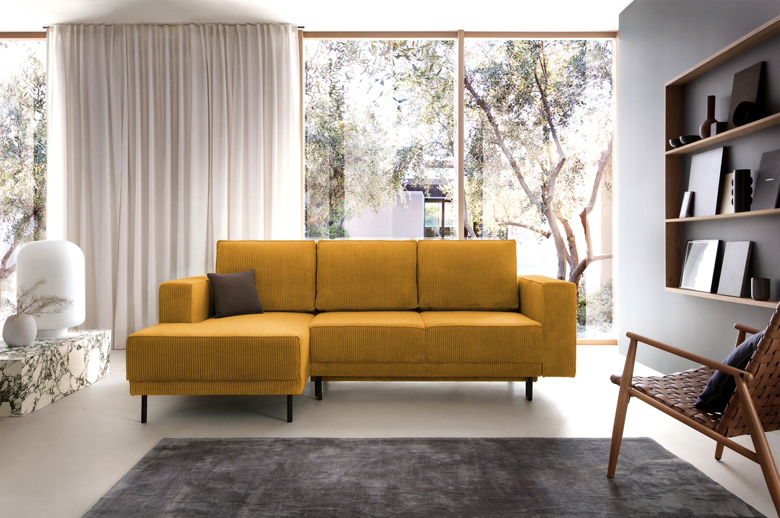 Ecksofa mit Schlaffunktion Rodario mini, L-förmig, mit Stauraum, senfgelb, Cordstoff, linksseitig