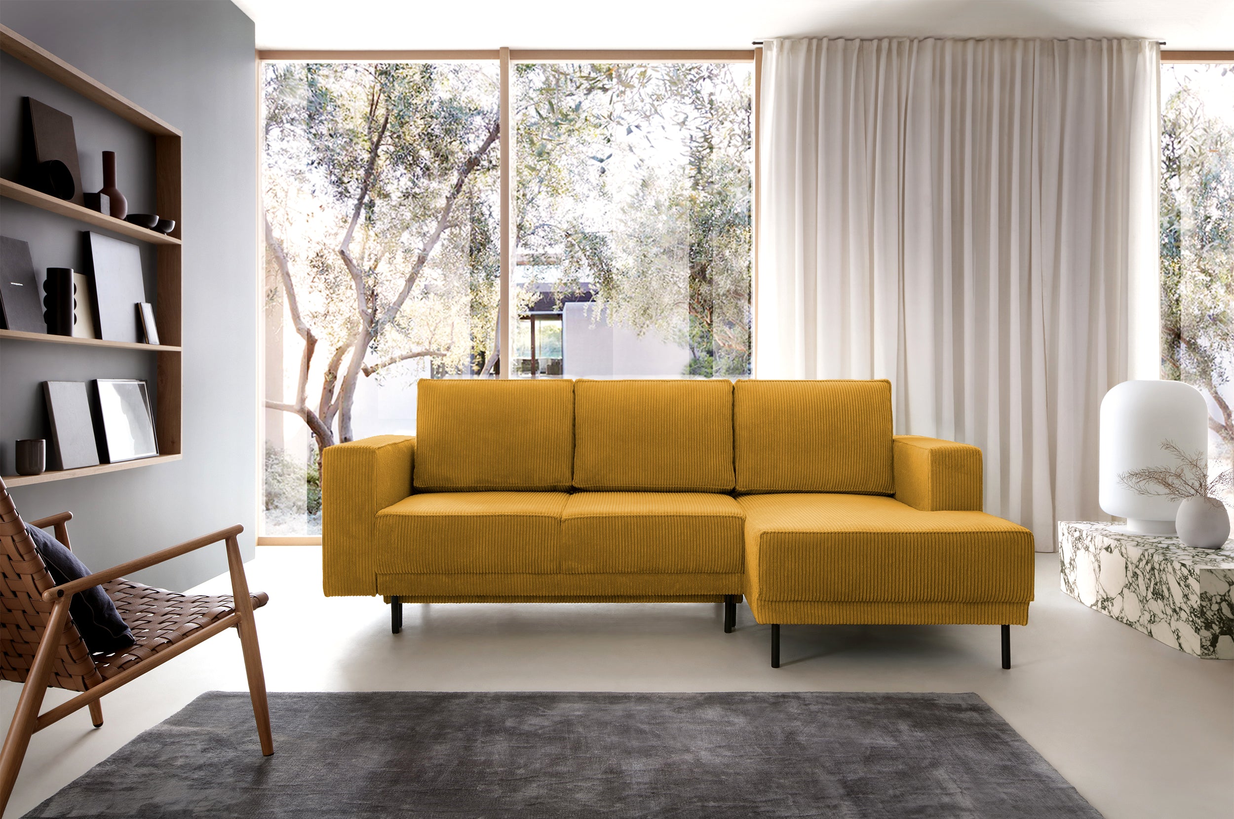 Ecksofa mit Schlaffunktion Rodario Mini, L-förmig, mit Stauraum, senfgelber Cordstoff, rechtsseitig