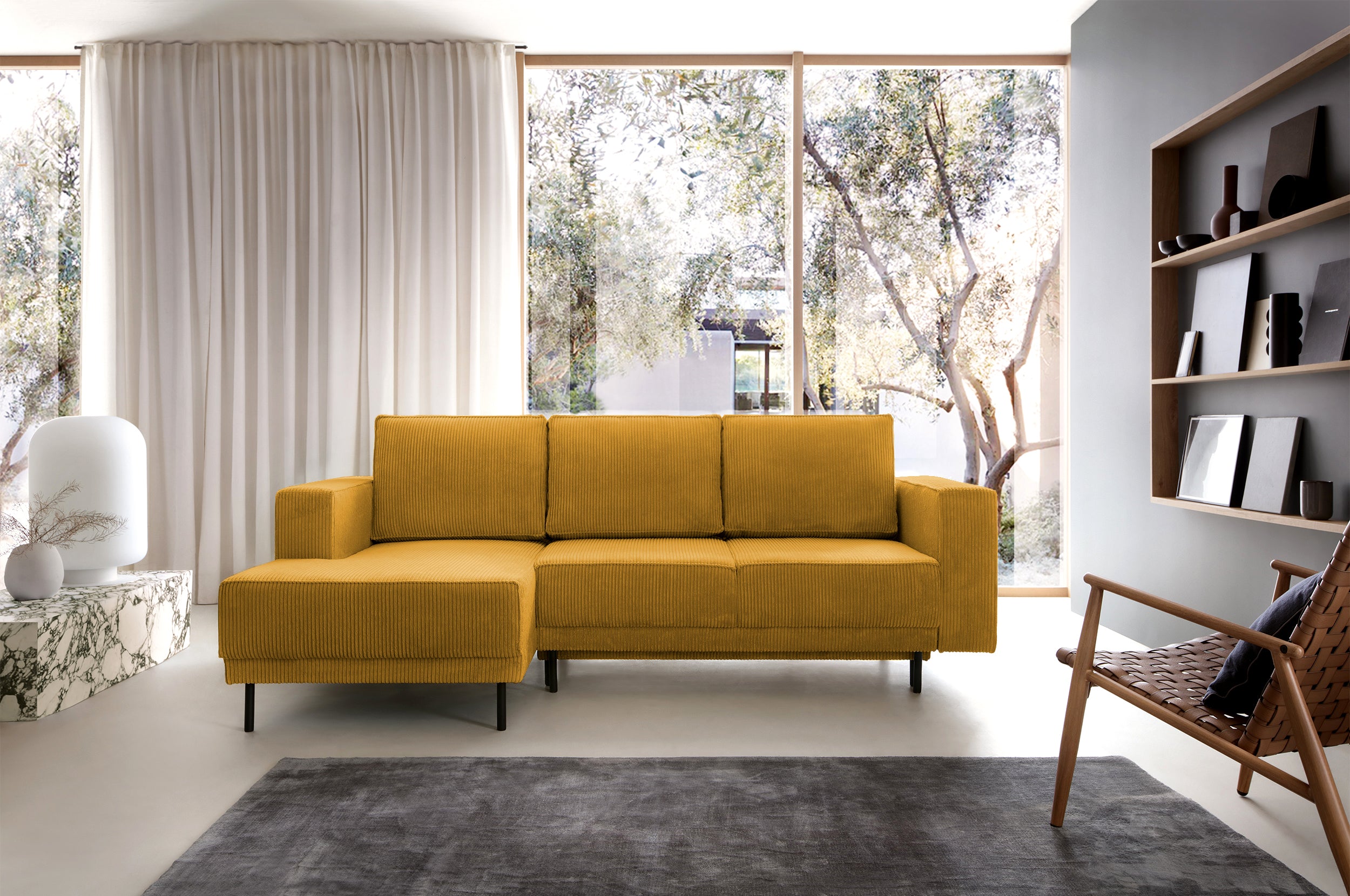 Ecksofa mit Schlaffunktion Rodario mini, L-förmig, mit Stauraum, senfgelb, Cordstoff, linksseitig
