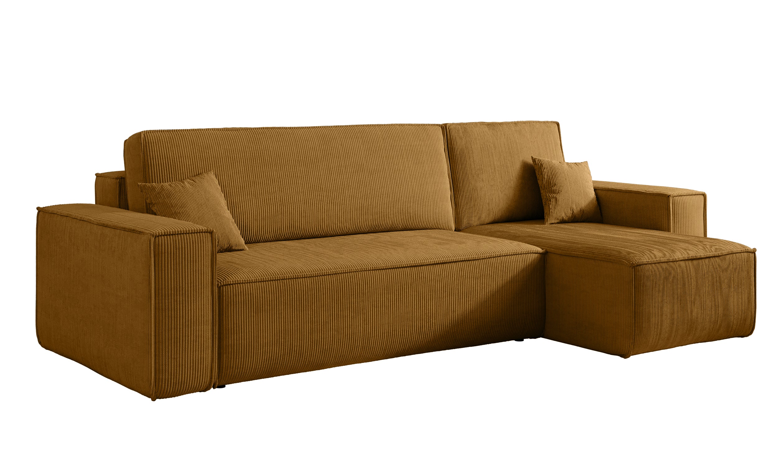 Ecksofa mit Schlafunktion Scarlo, L-förmig, mit Stauraum, universell, senfgelber Cordstoff