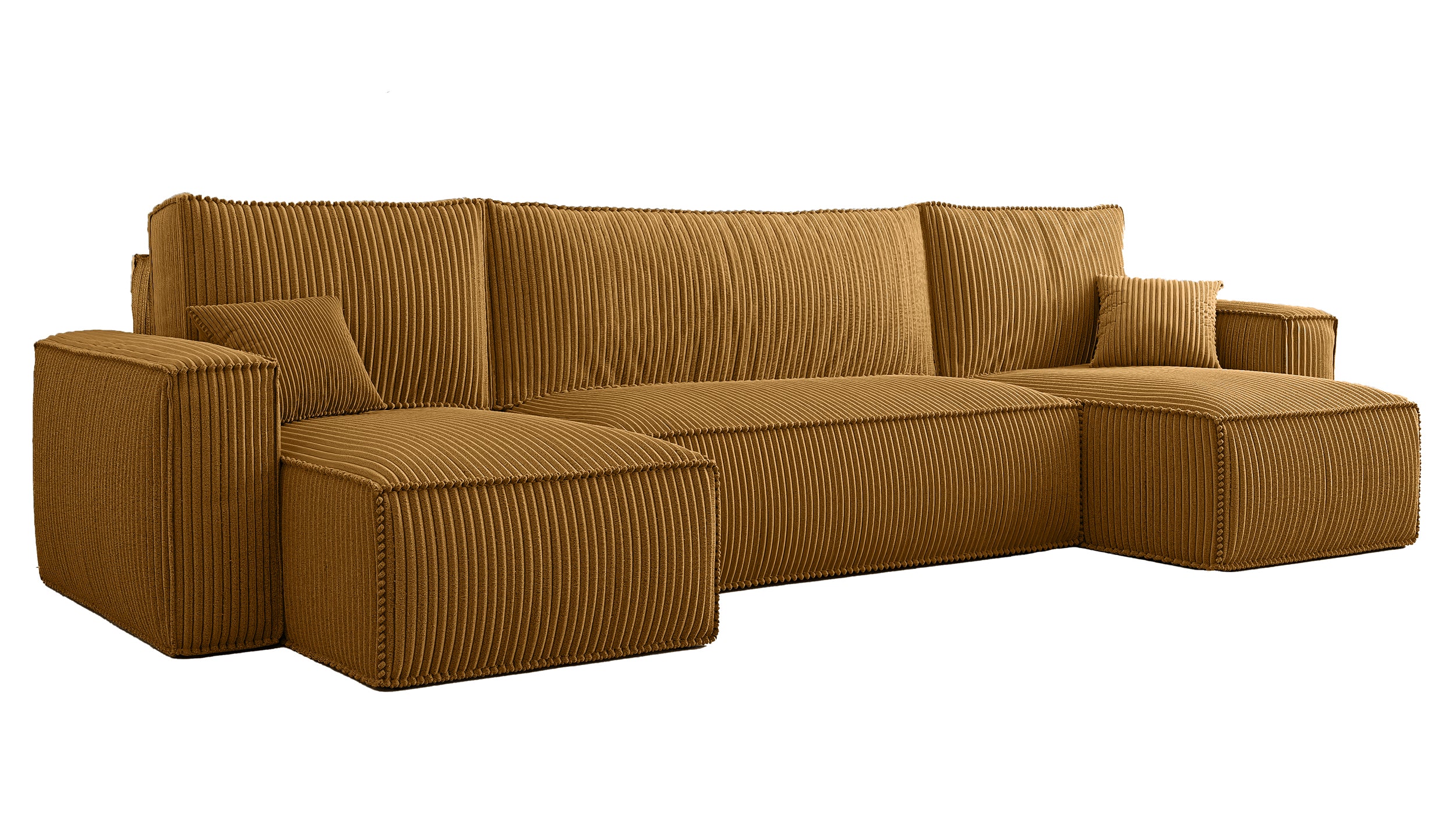 U-förmiges Ecksofa Scarlo mit Schlaffunktion und Universallager, senfgelb, Cordstoff