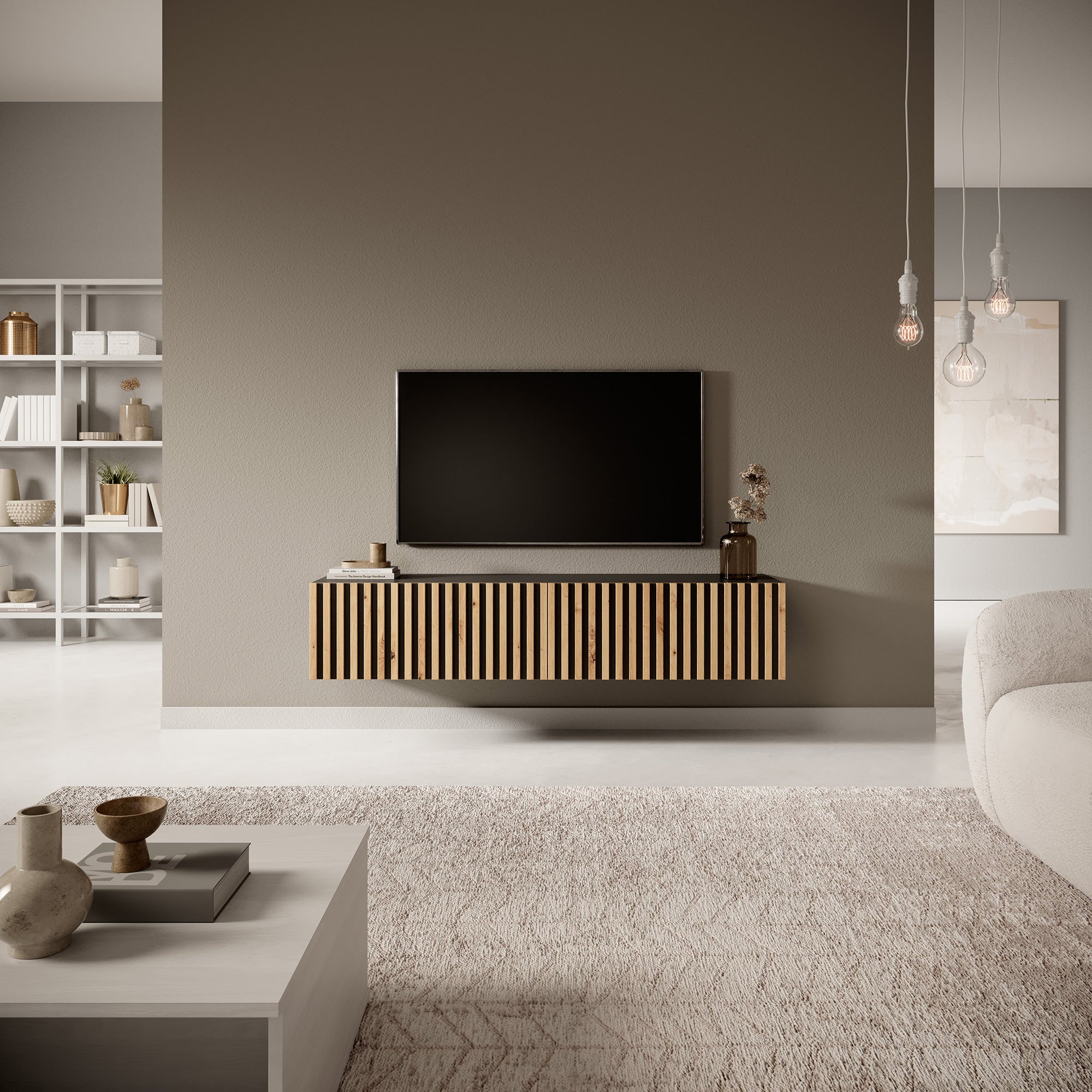 TV-Schrank Telire 138,6 cm schwarz mit lamellenförmiger Front Artisan-Eiche