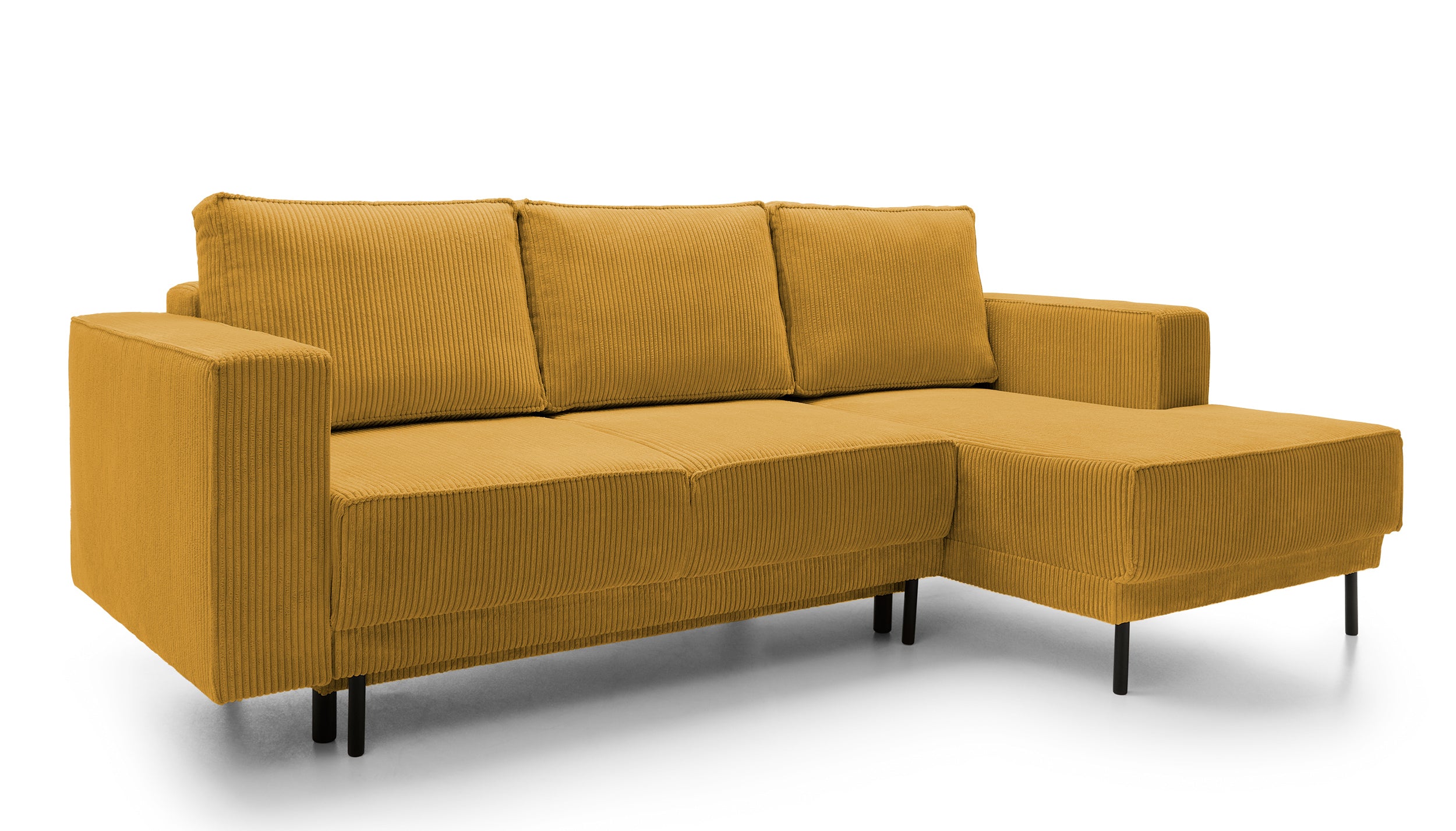 Ecksofa mit Schlaffunktion Rodario Mini, L-förmig, mit Stauraum, senfgelber Cordstoff, rechtsseitig