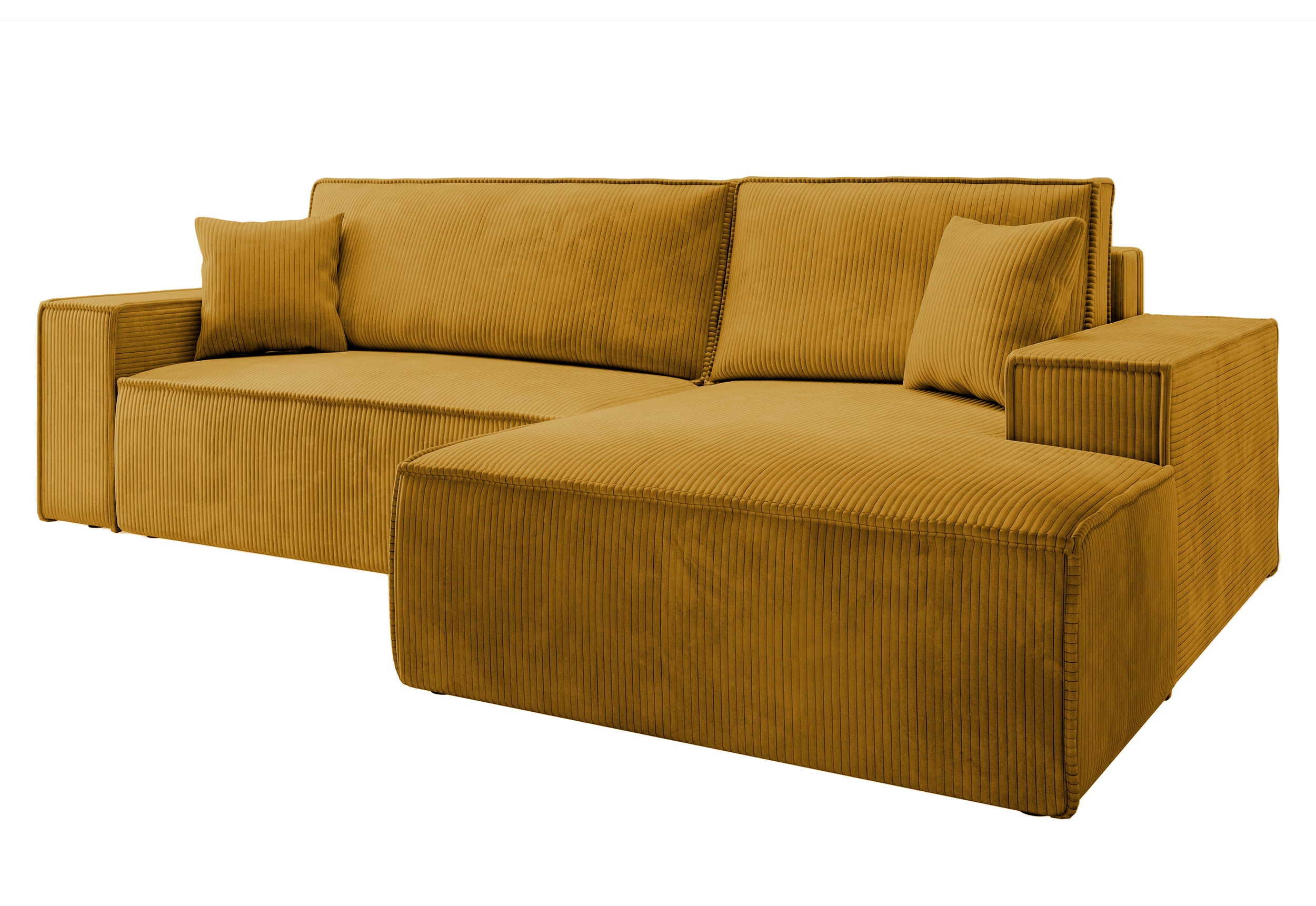 Ecksofa mit Schlaffunktion Farese New, L-förmig, mit Stauraum, senfgelber Cordstoff, rechtsseitig
