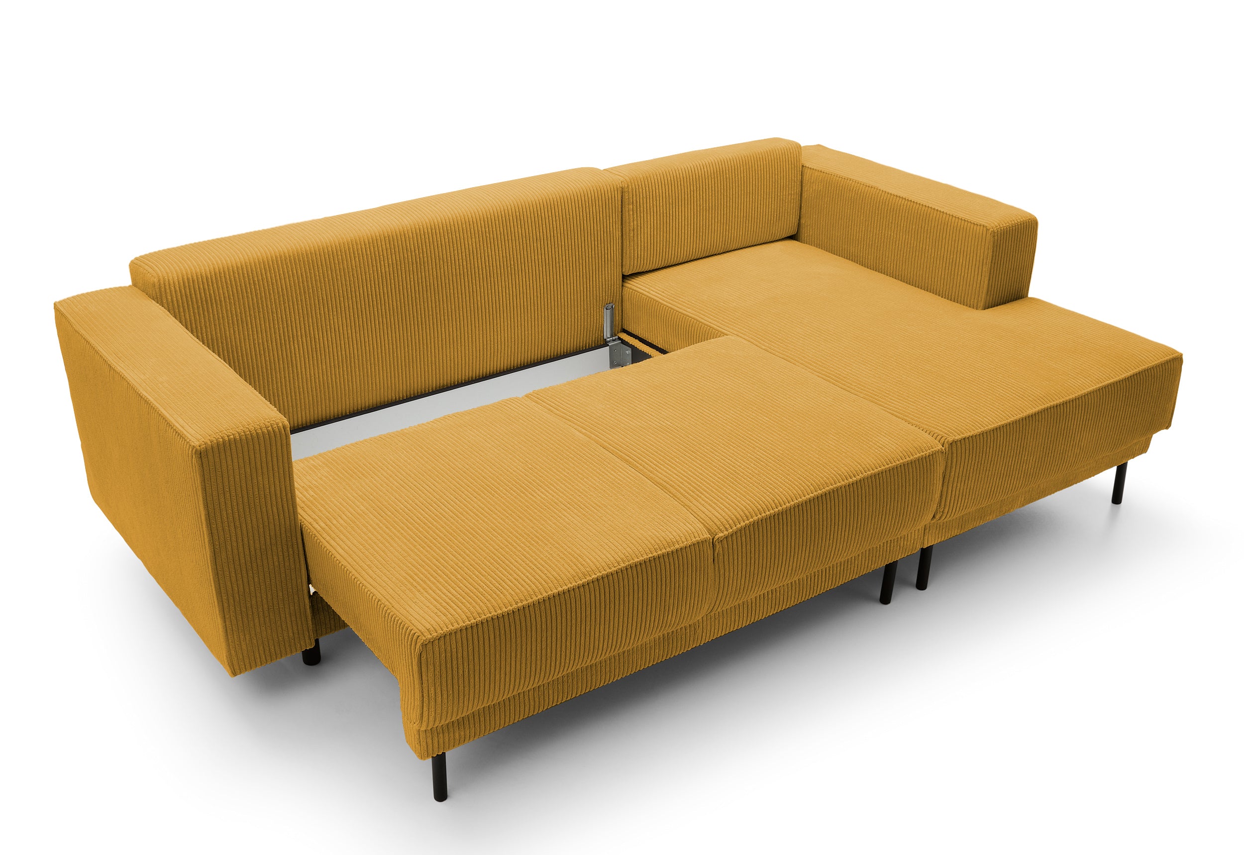 Ecksofa mit Schlaffunktion Rodario Mini, L-förmig, mit Stauraum, senfgelber Cordstoff, rechtsseitig