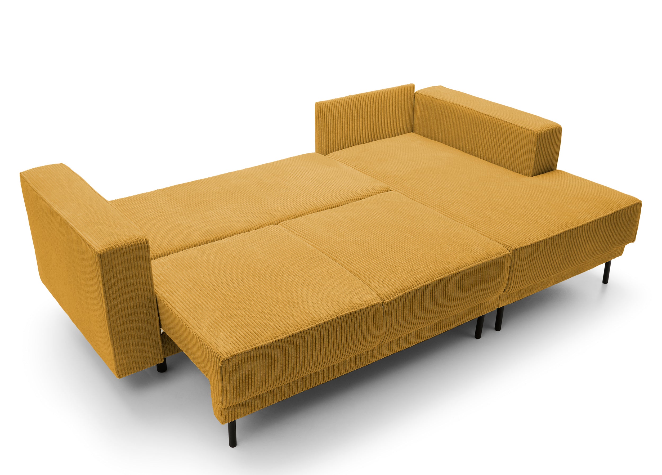 Ecksofa mit Schlaffunktion Rodario Mini, L-förmig, mit Stauraum, senfgelber Cordstoff, rechtsseitig