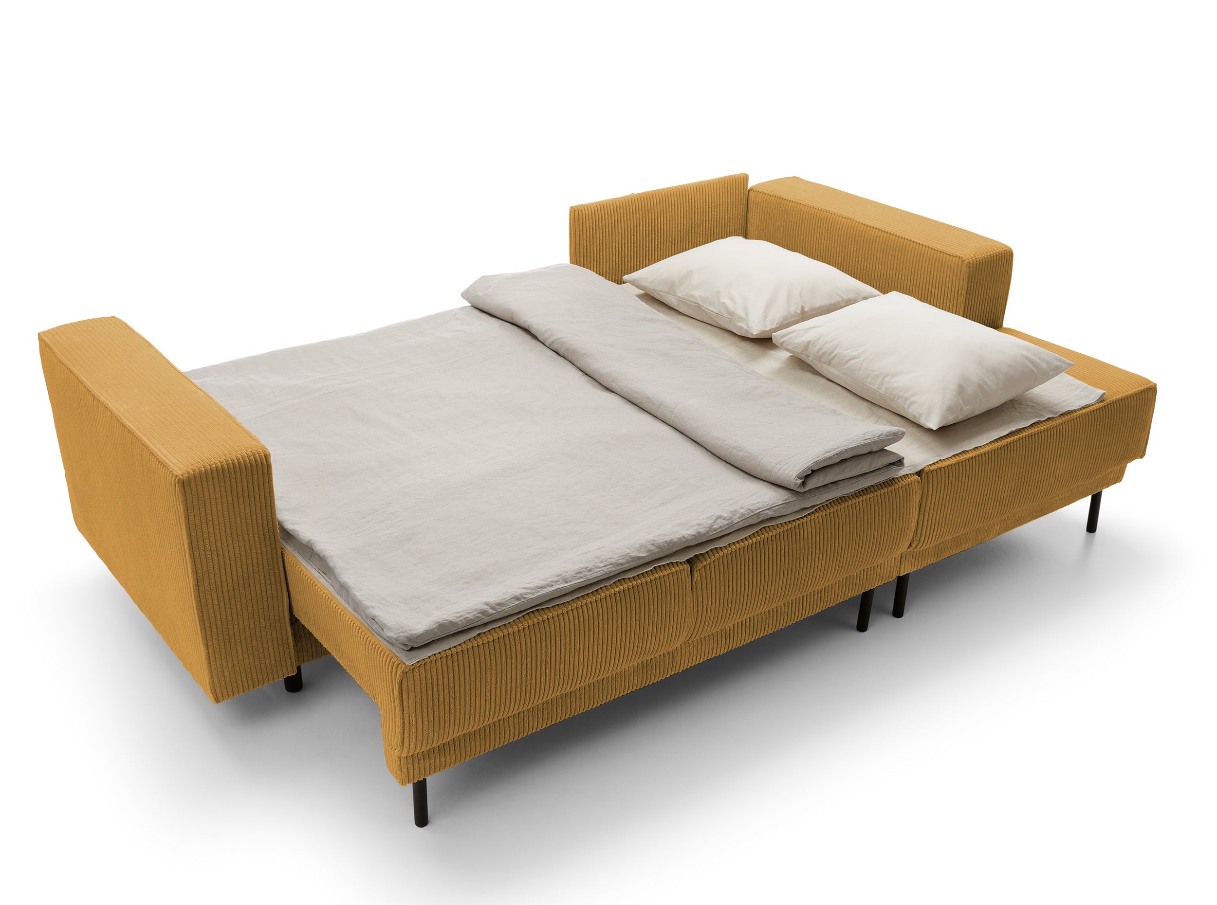 Ecksofa mit Schlaffunktion Rodario Mini, L-förmig, mit Stauraum, senfgelber Cordstoff, rechtsseitig