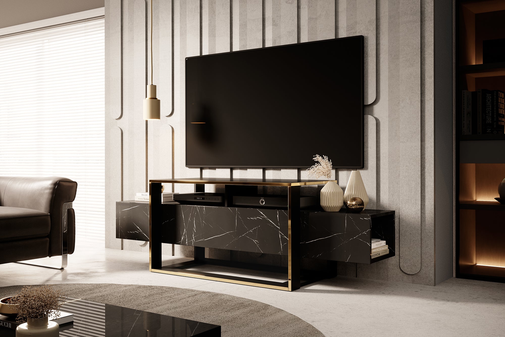 TV-Schrank Excelsum 160 cm schwarzer Marmor mit abschließbarem Fach