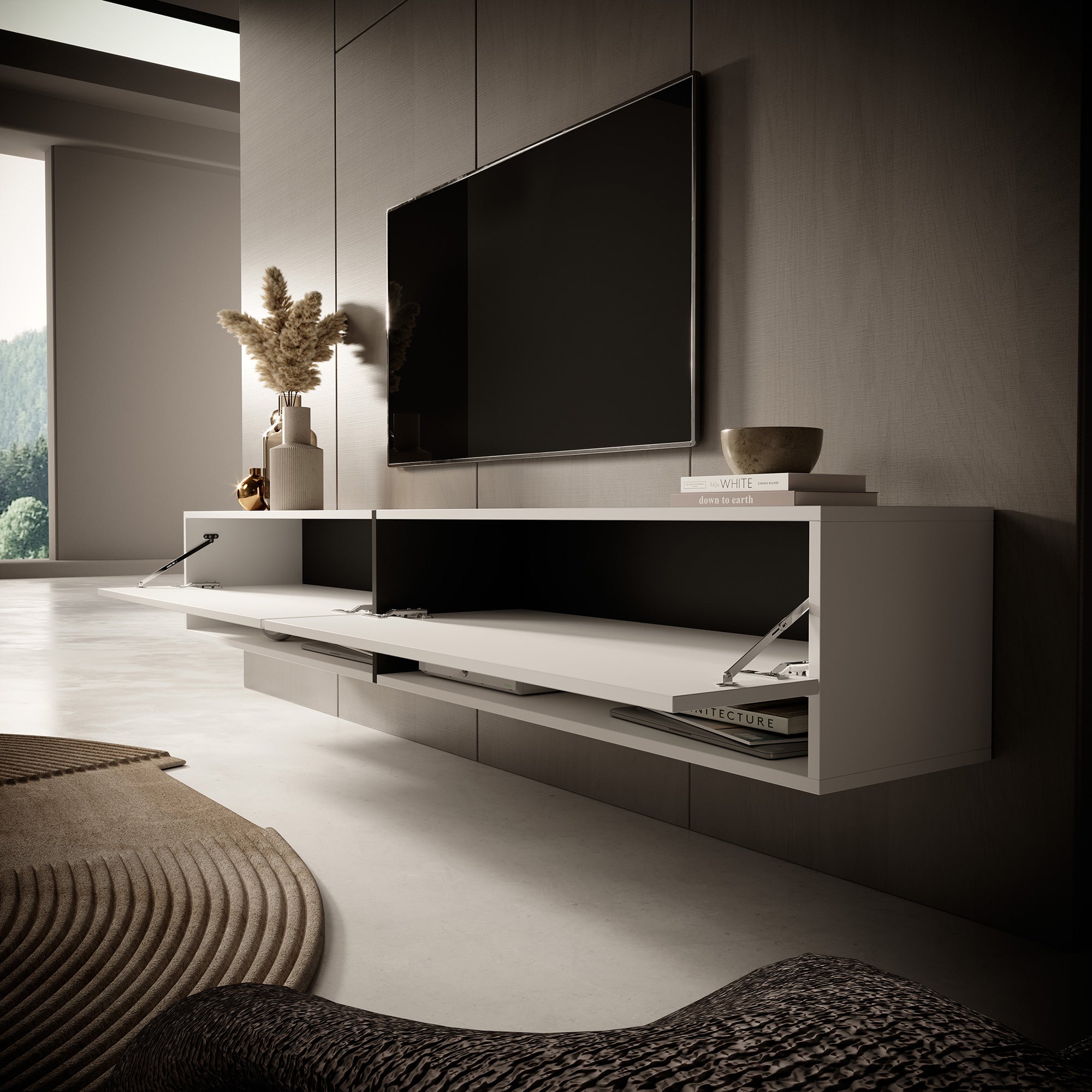 TV-Schrank Mirrgo 200 cm weiß mit grafitfarbenen Einsätzen