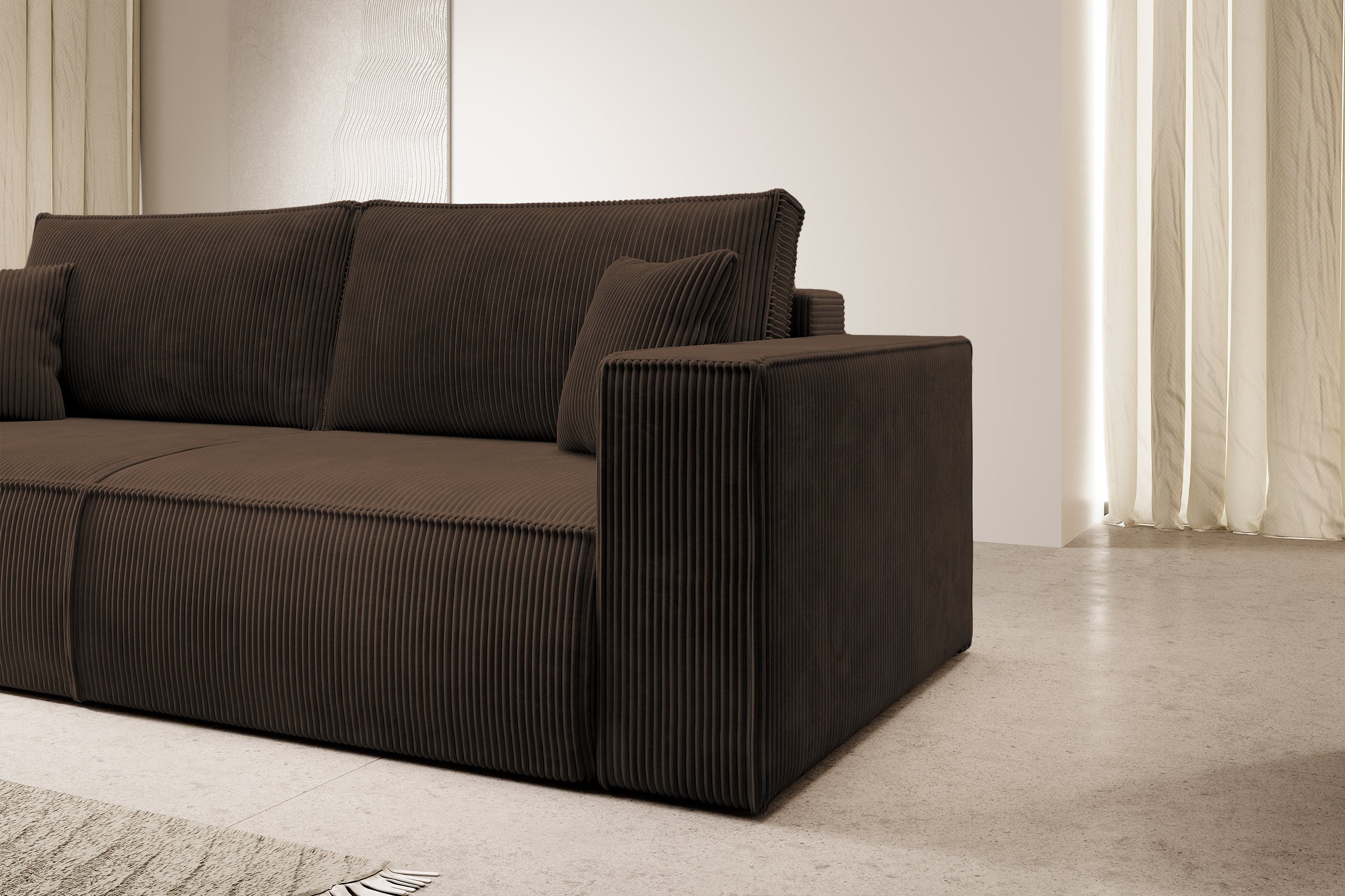 Dreisitziges ausklappbares Sofa Farese mit Stauraum, brauner Cord