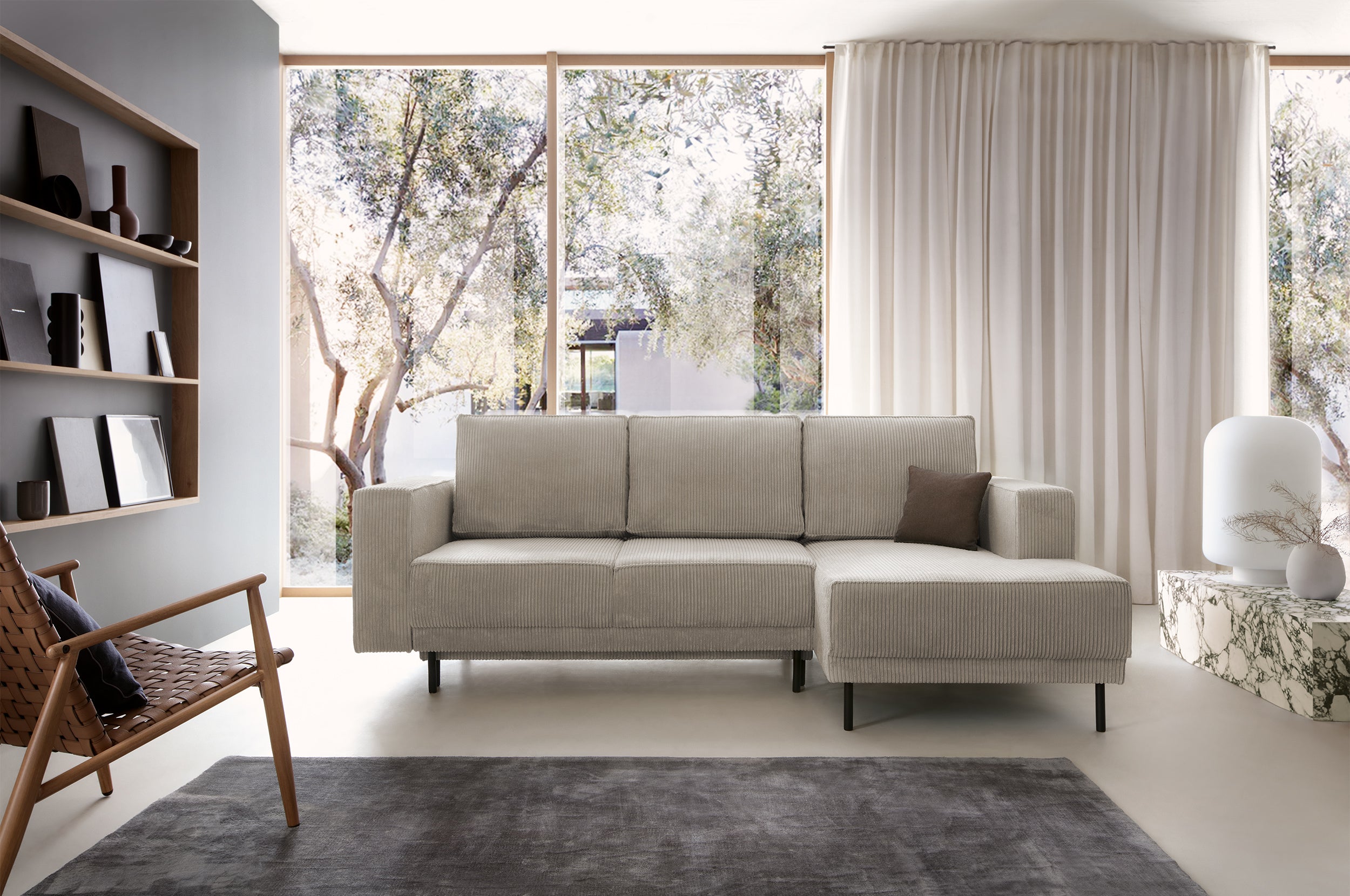 Ecksofa mit Schlaffunktion Rodario Mini, L-förmig, mit Stauraum, dunkelbeige Cord, rechtsseitig