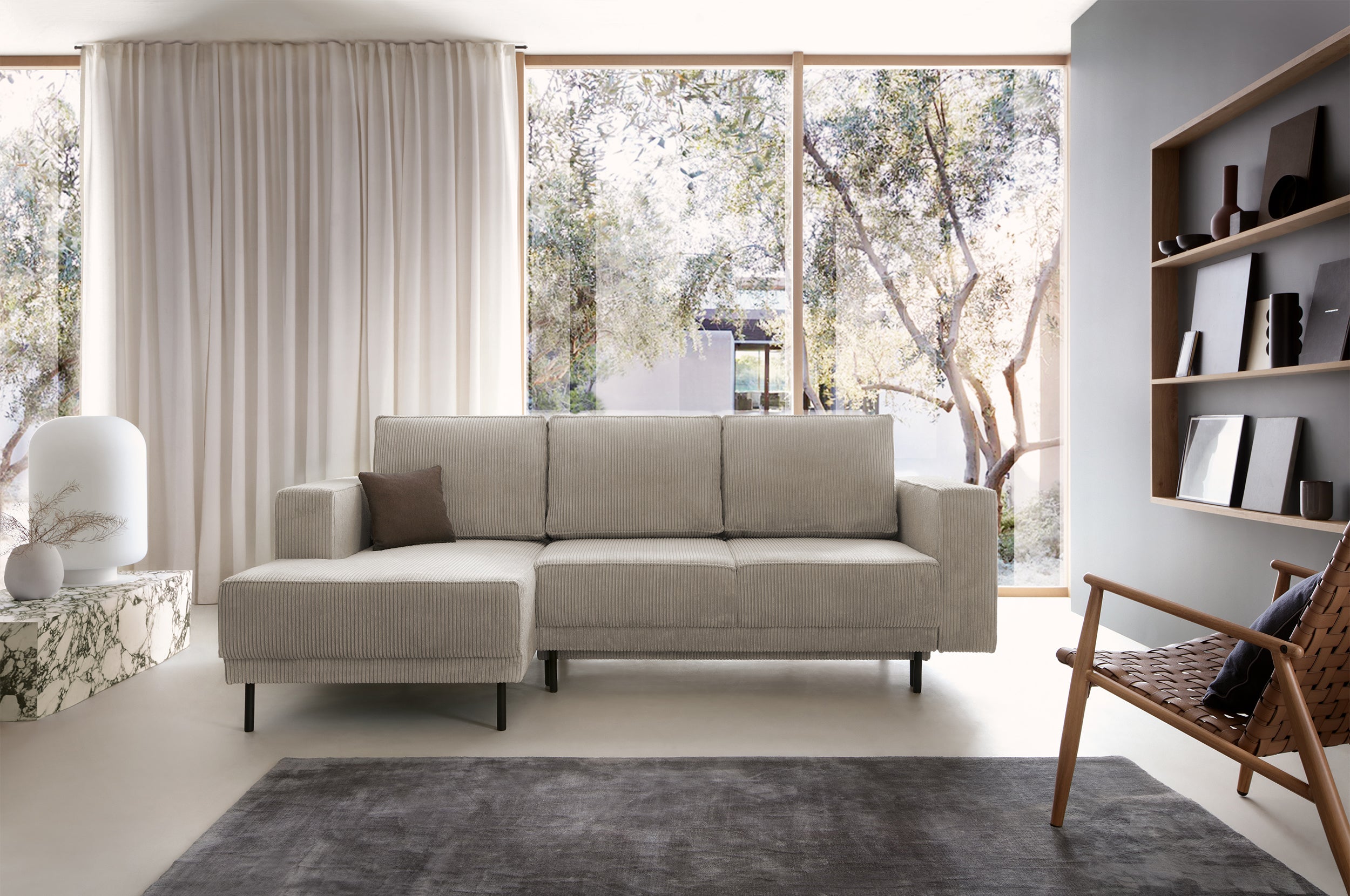 Ecksofa mit Schlaffunktion Rodario Mini, L-förmig, mit Stauraum, dunkelbeige Cord, linksseitig