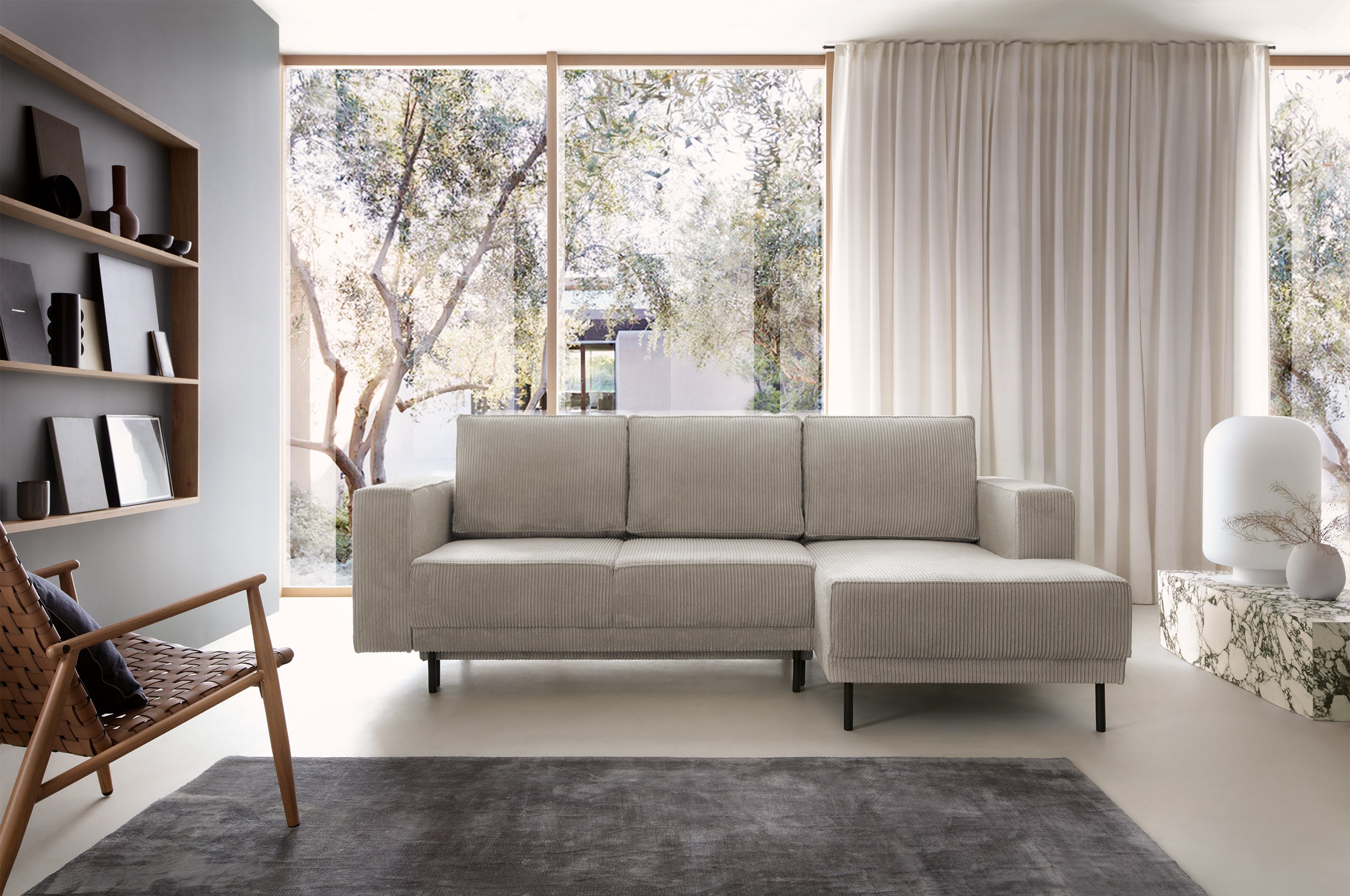 Ecksofa mit Schlaffunktion Rodario Mini, L-förmig, mit Stauraum, dunkelbeige Cord, rechtsseitig