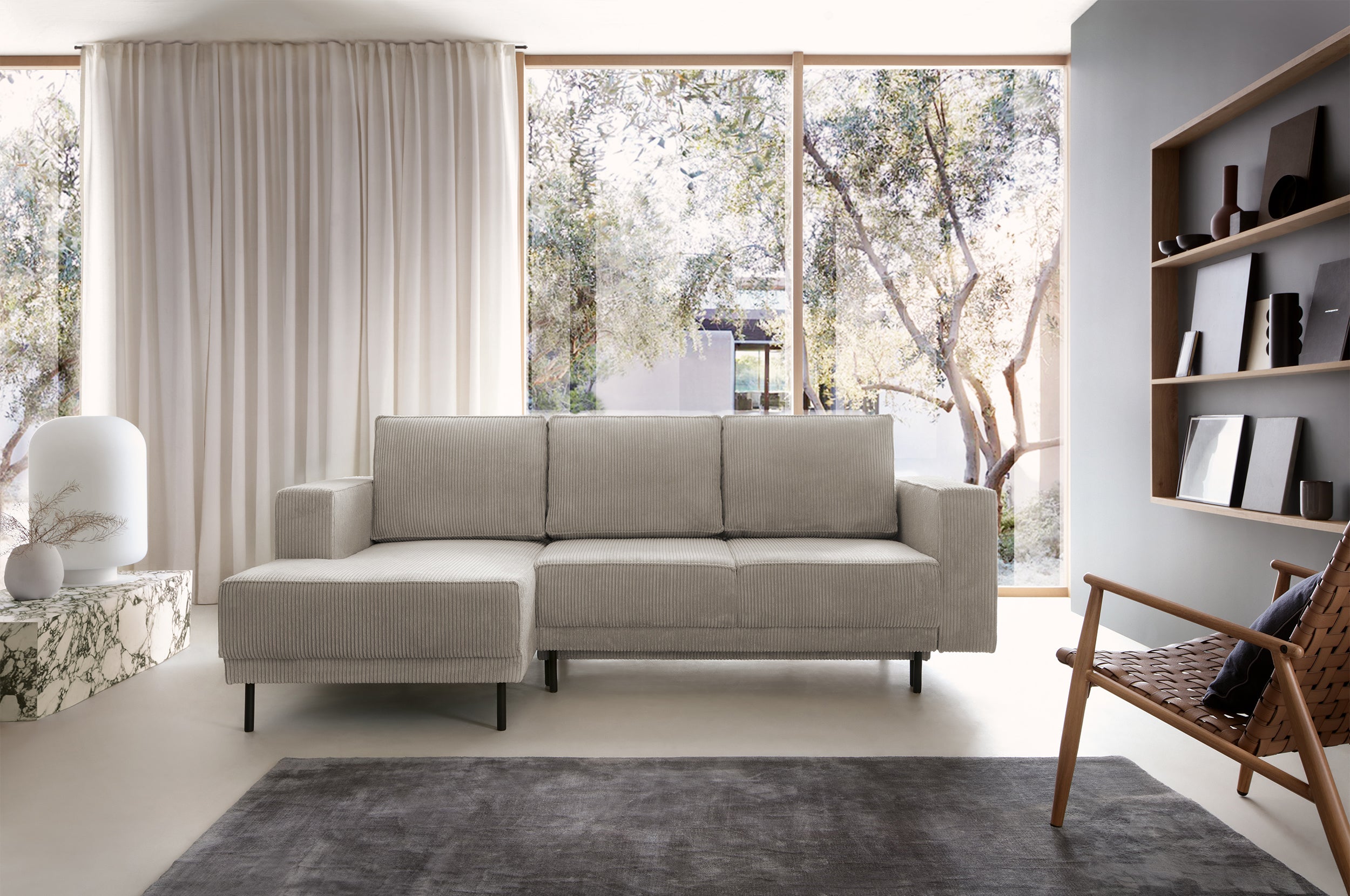 Ecksofa mit Schlaffunktion Rodario Mini, L-förmig, mit Stauraum, dunkelbeige Cord, linksseitig