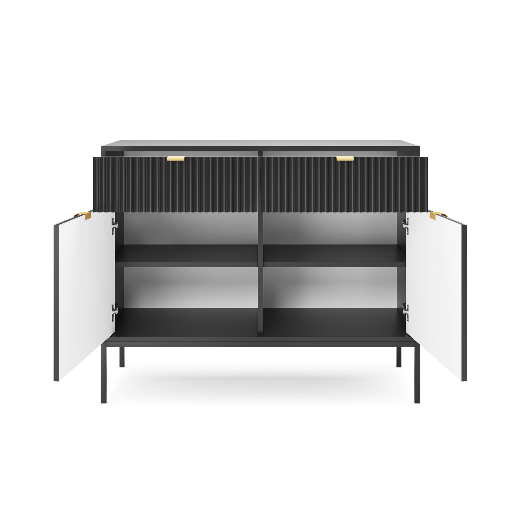 Zweiturige Kommode Vellore 104 cm schwarz mit gerillten Fronten und goldenen Griffen
