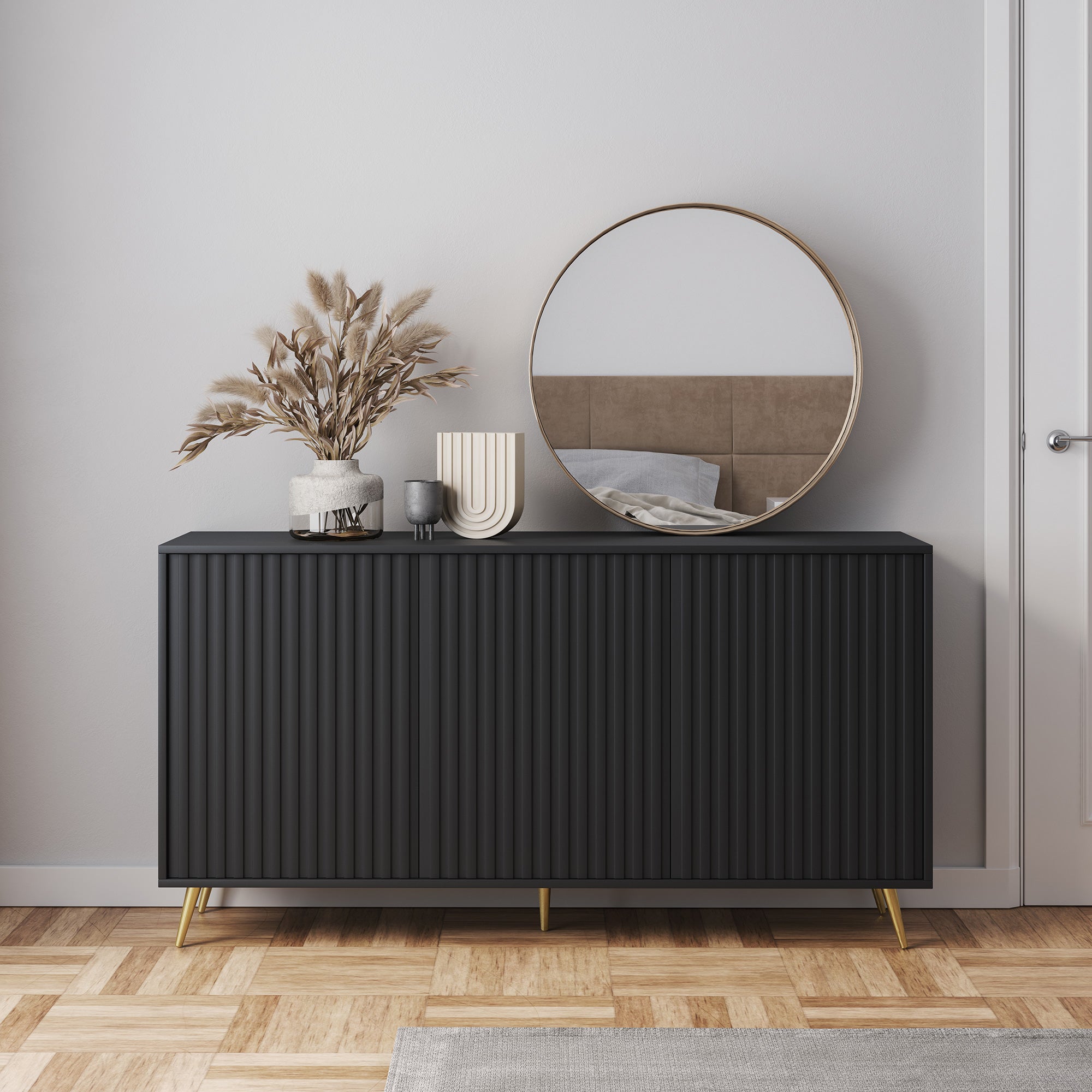 Kommode Bello mit Lamellenfronten, 154 cm, schwarz mit goldenen Beinen