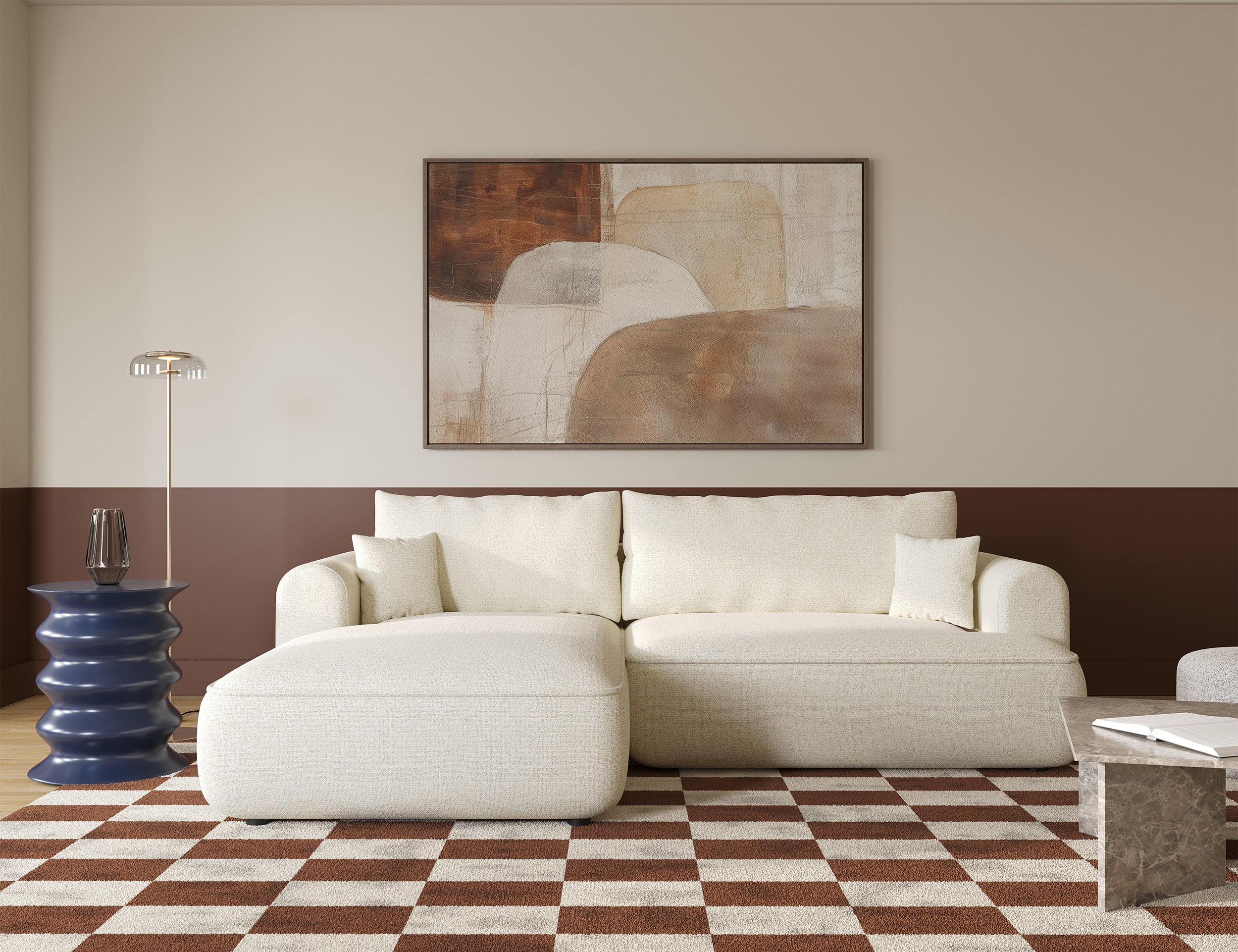 Ecksofa mit Schlaffunktion Ovo L-förmig, hellbeige Geflecht, linksseitig