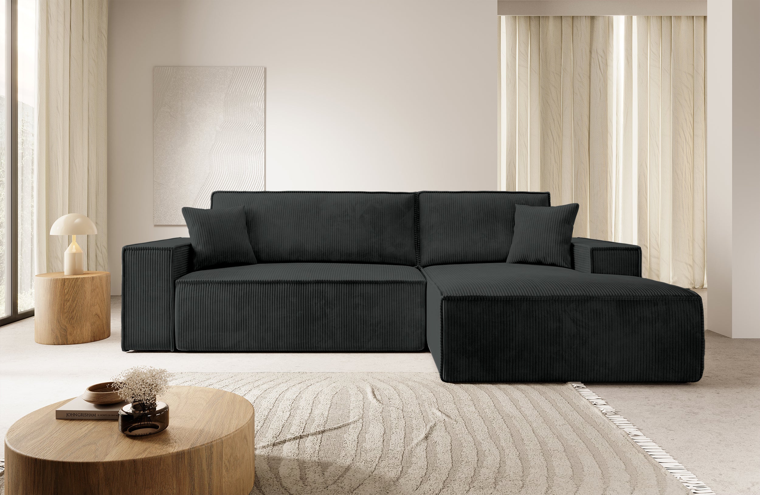 Ecksofa mit Schlaffunktion Farese New, L-förmig, mit Stauraum, schwarzer Cord, rechtsseitig