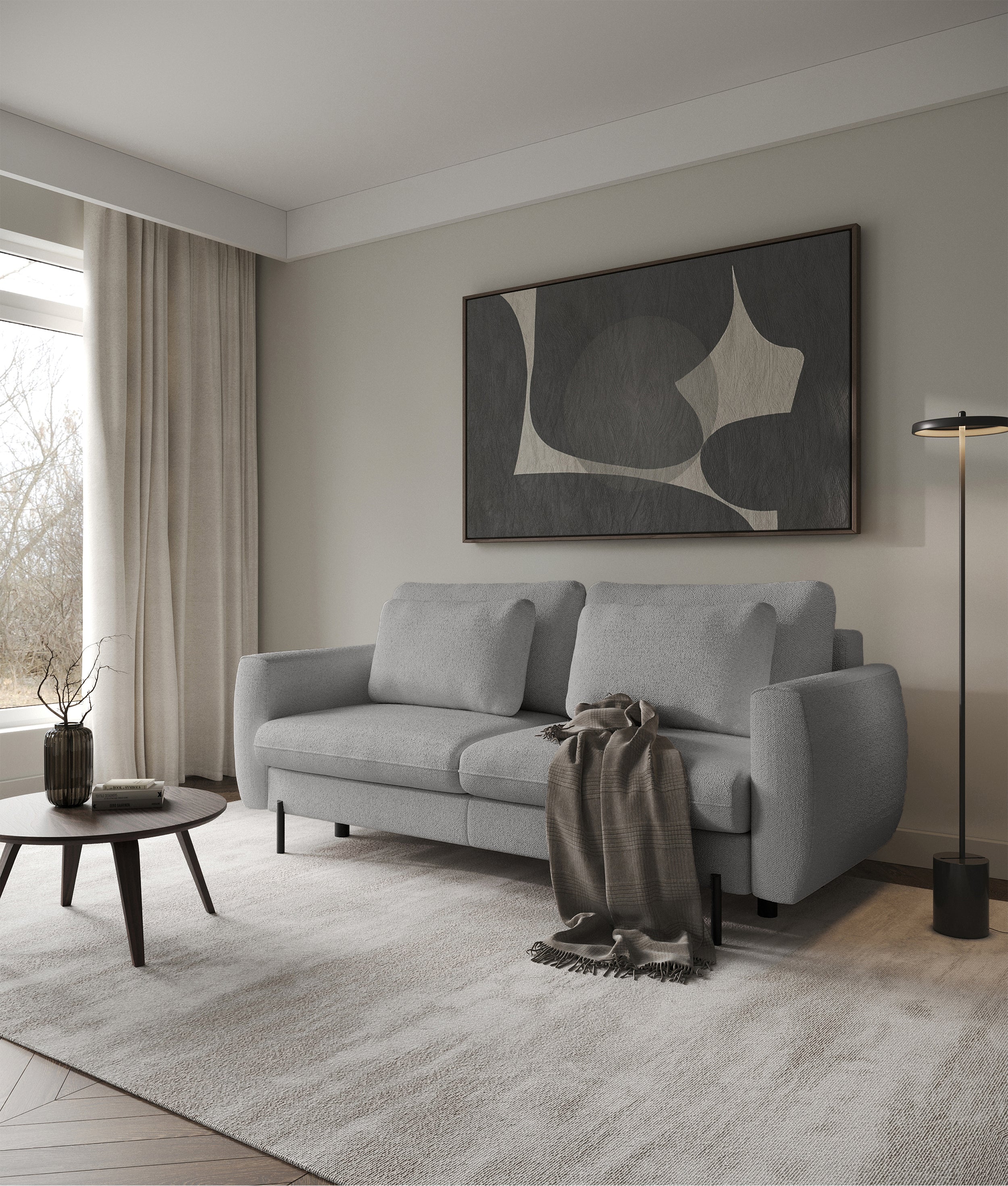 Dreisitziges ausklappbares Sofa Rane mit Stauraum, grauer hydrophober Chenille-Stoff