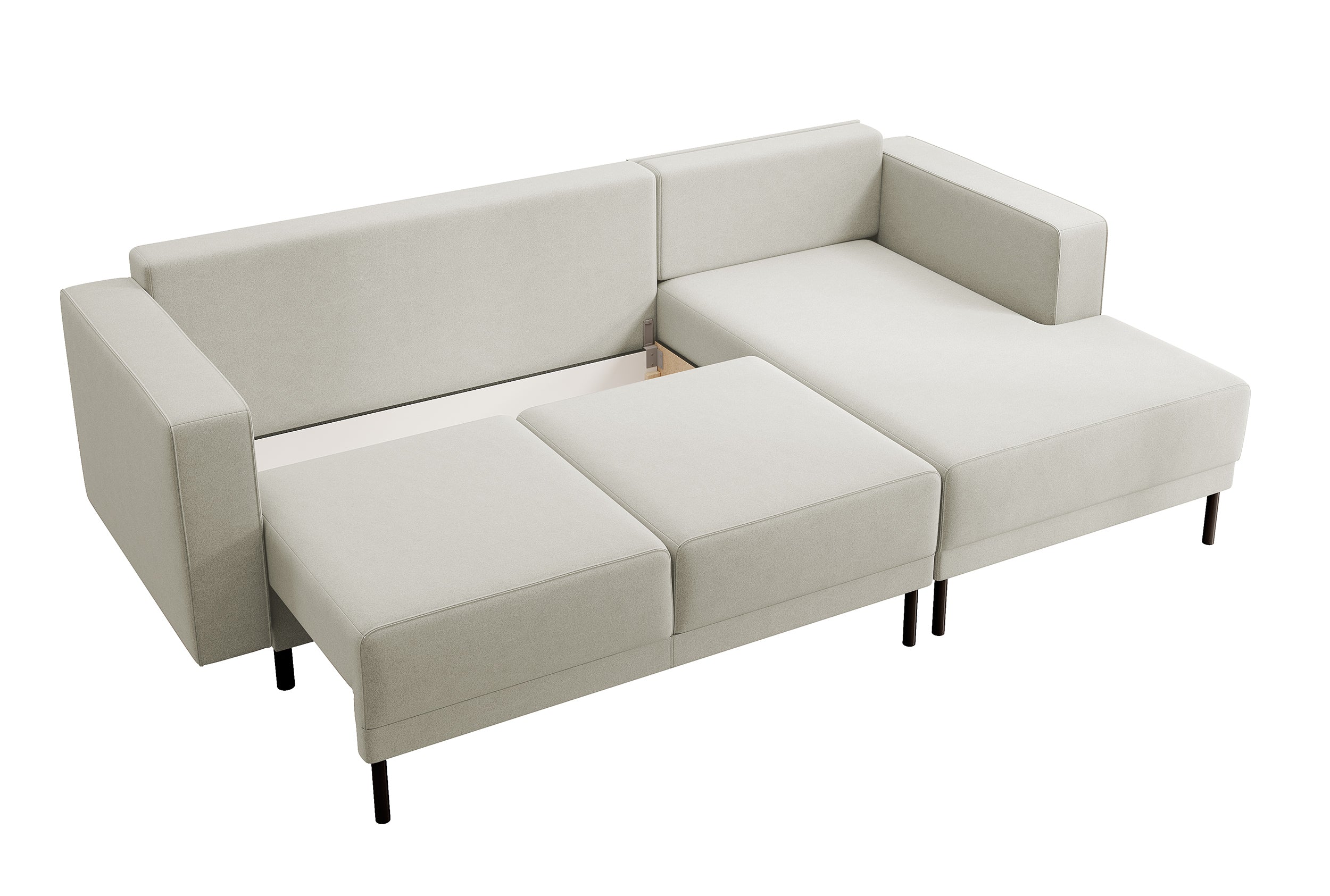 Ecksofa mit Schlafunktion Rodario Mini, L-förmig, mit Stauraum, hellbeiger, pflegeleichter Samt, rechtsseitig