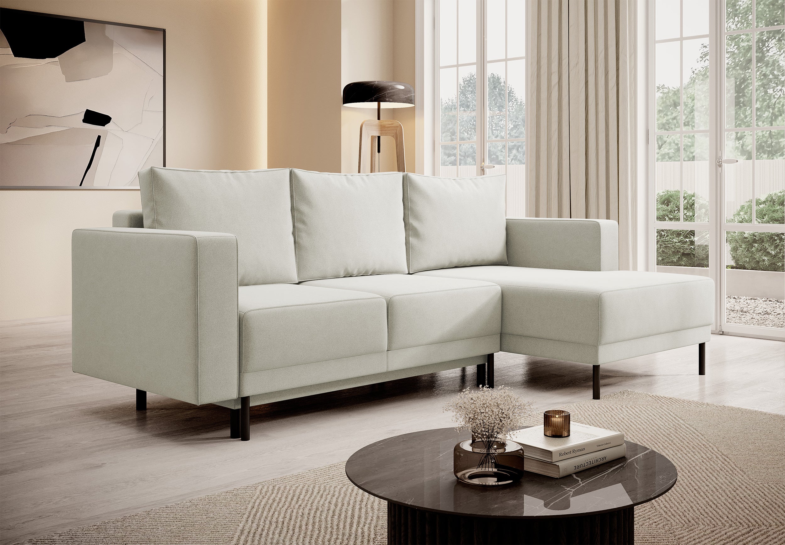 Ecksofa mit Schlafunktion Rodario Mini, L-förmig, mit Stauraum, hellbeiger, pflegeleichter Samt, rechtsseitig