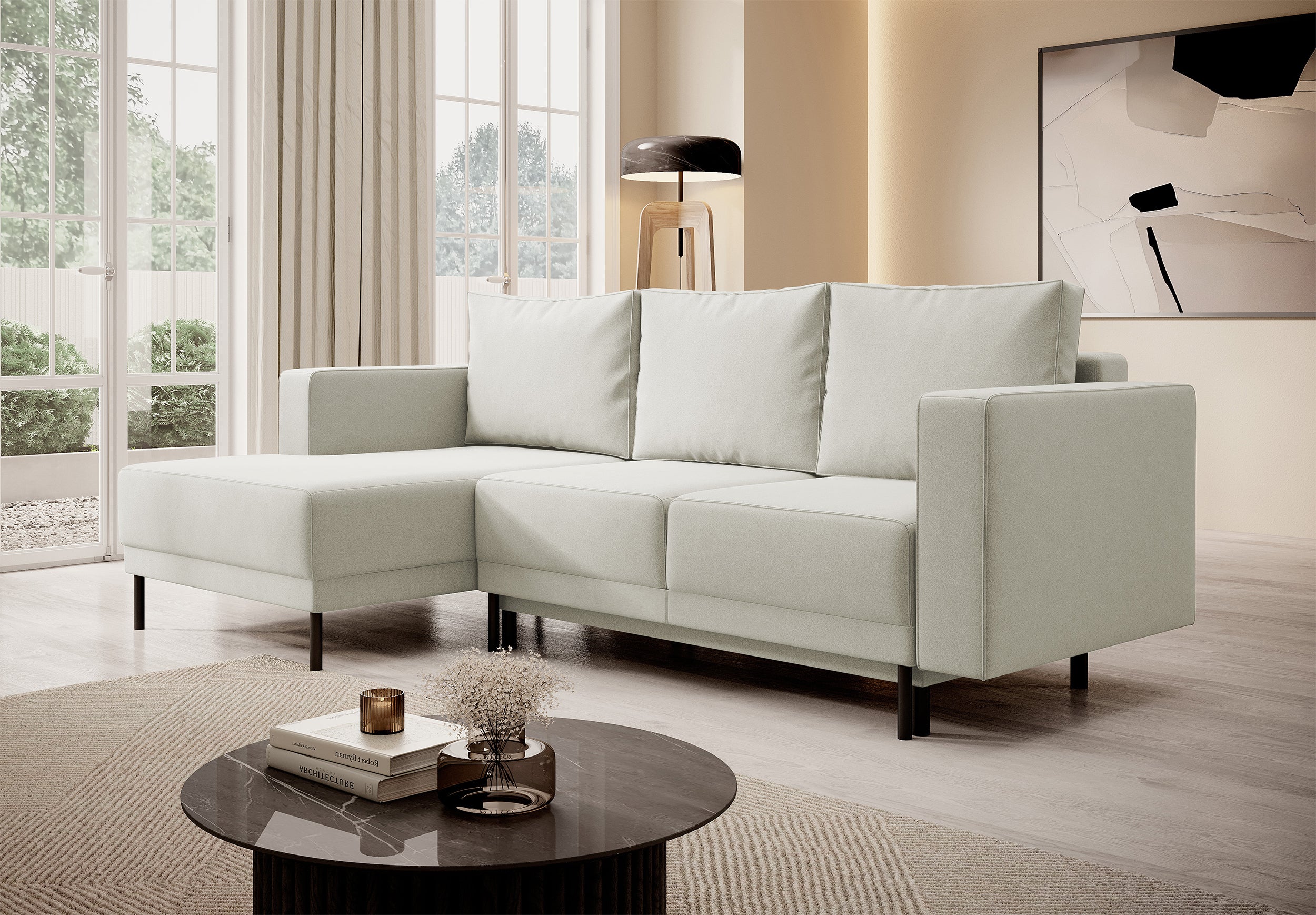 Ecksofa mit Schlaffunktion Rodario mini, L-förmig, mit Stauraum, hellbeiger Samt, pflegeleicht, linksseitig