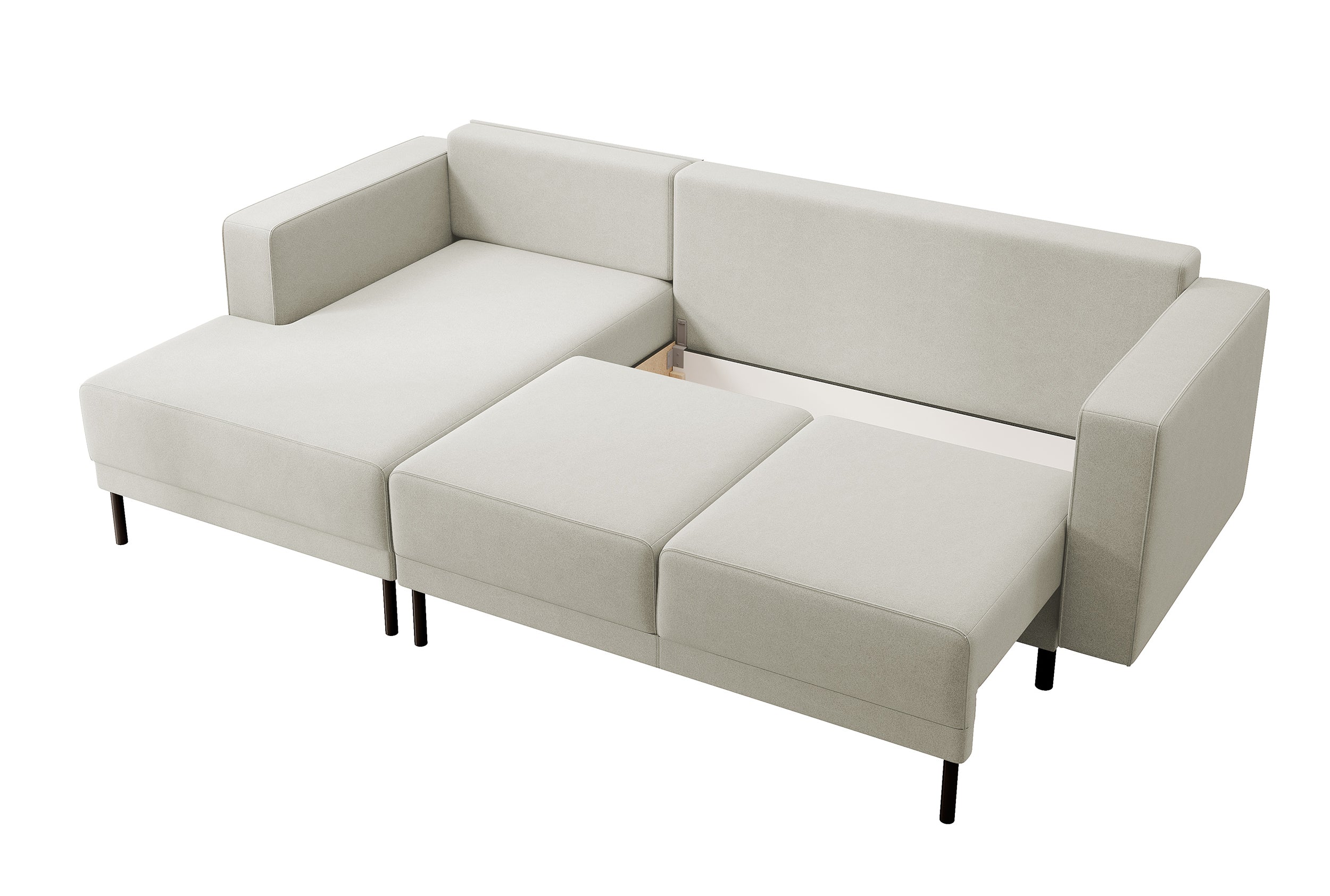 Ecksofa mit Schlaffunktion Rodario mini, L-förmig, mit Stauraum, hellbeiger Samt, pflegeleicht, linksseitig