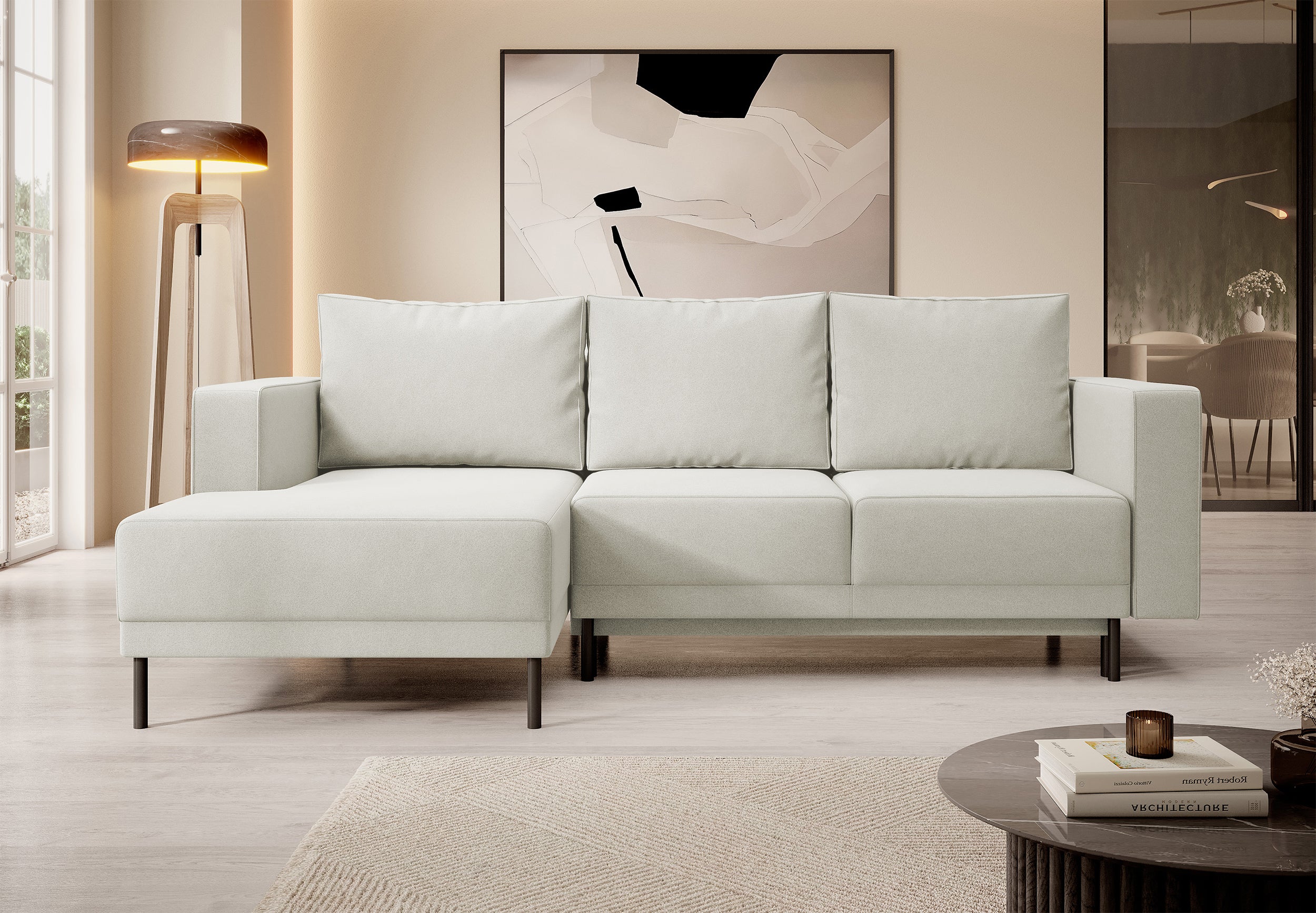 Ecksofa mit Schlaffunktion Rodario mini, L-förmig, mit Stauraum, hellbeiger Samt, pflegeleicht, linksseitig