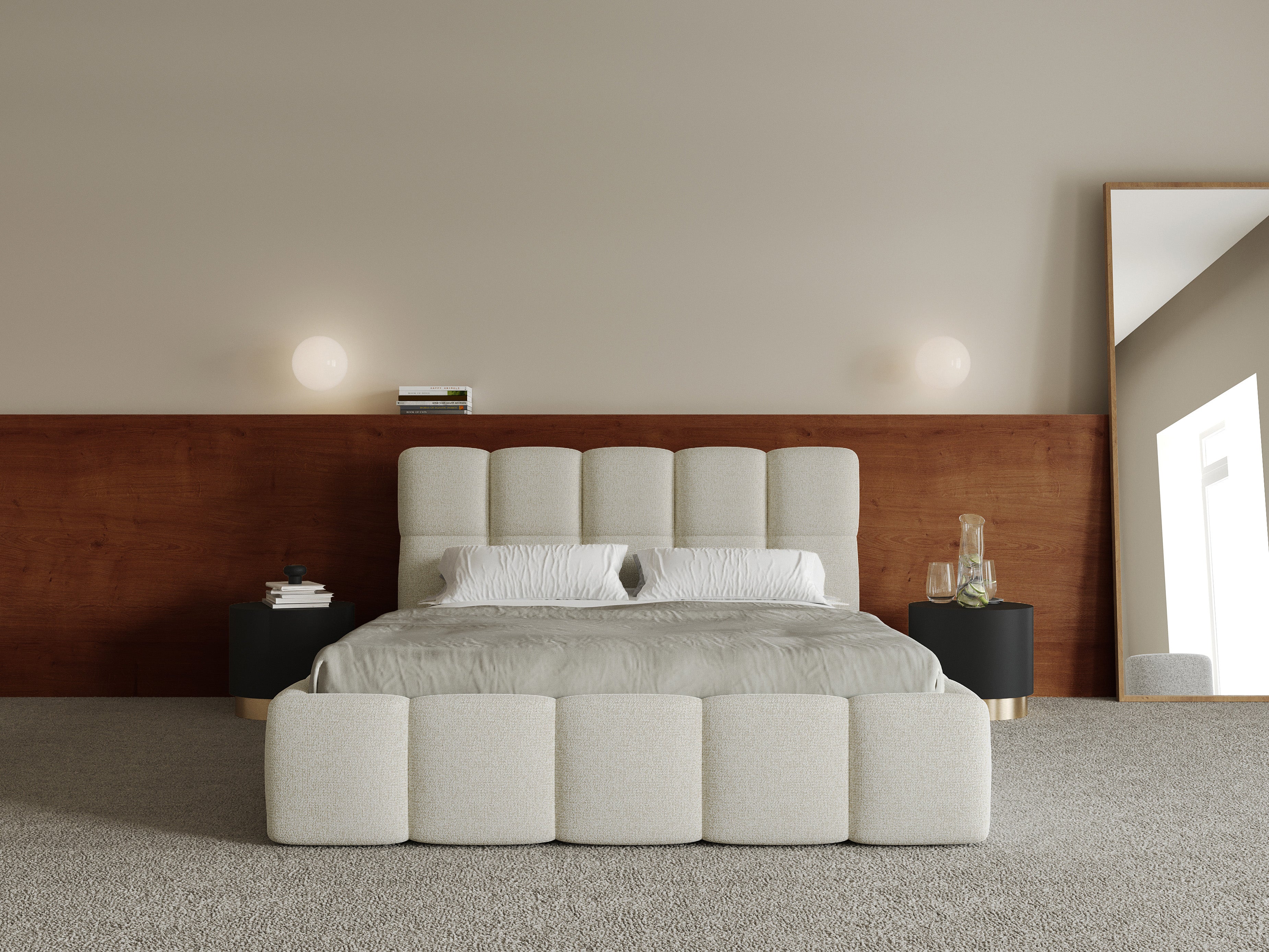 Polsterbett 160x200 cm Cloudy mit Stauraum, hellbeige Geflecht, Metallrahmen