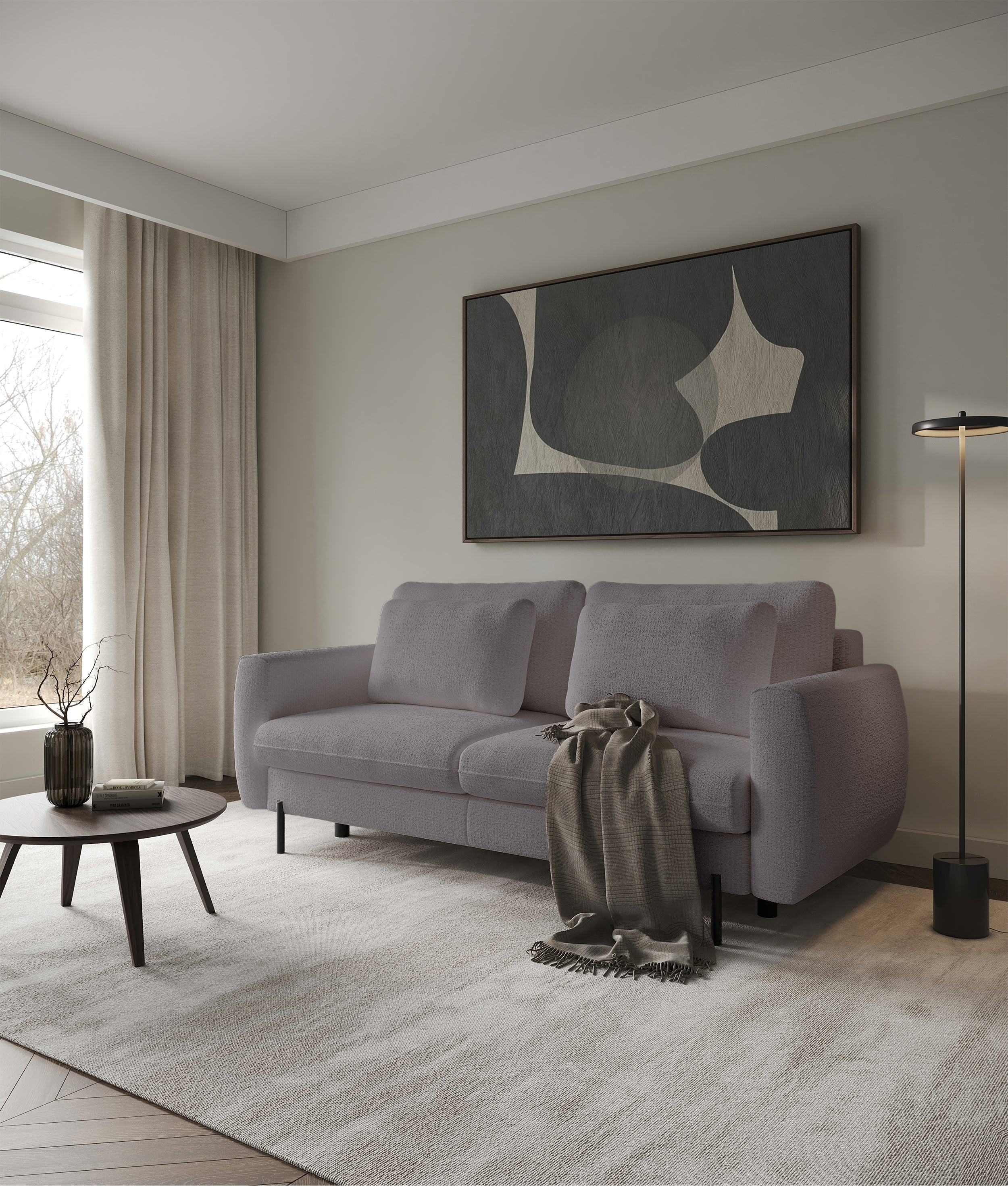 Dreisitziges ausklappbares Sofa Rane mit Stauraum, grau-beige, hydrophobes Chenille-Gewebe