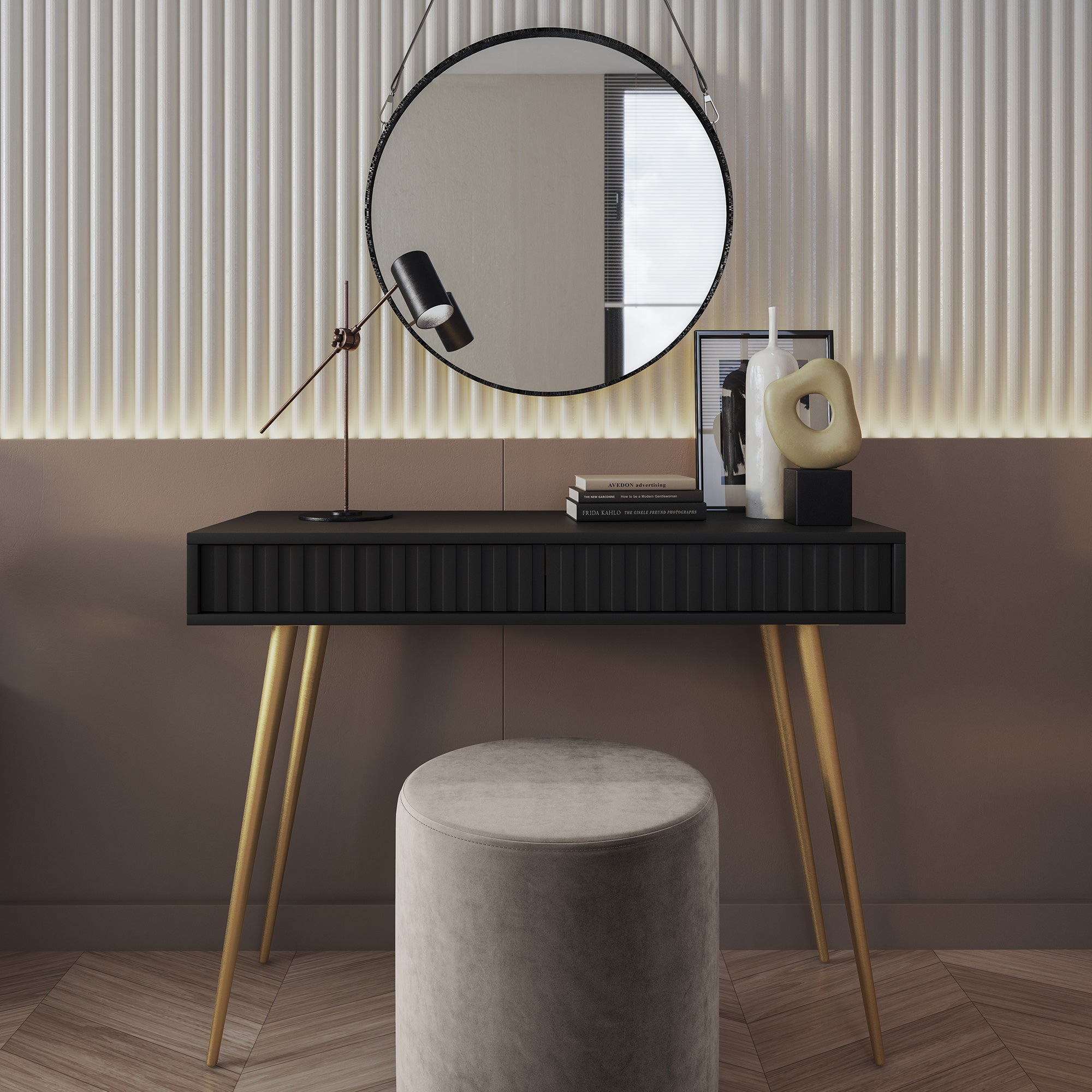 Schminktisch Bello 104 cm schwarz mit goldenen Beinen