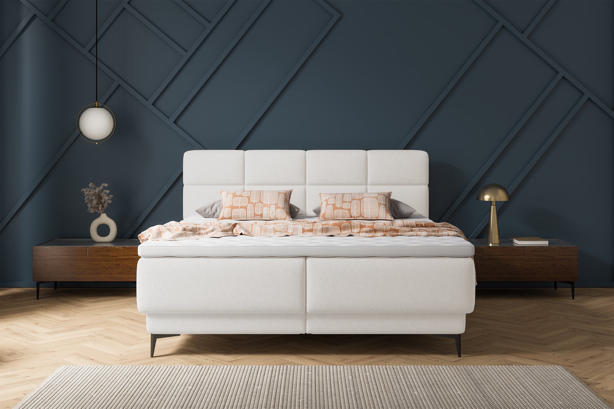 Kontinentales Bett 180x200 cm Rektango mit Stauraum und Topper, cremefarbener Samt
