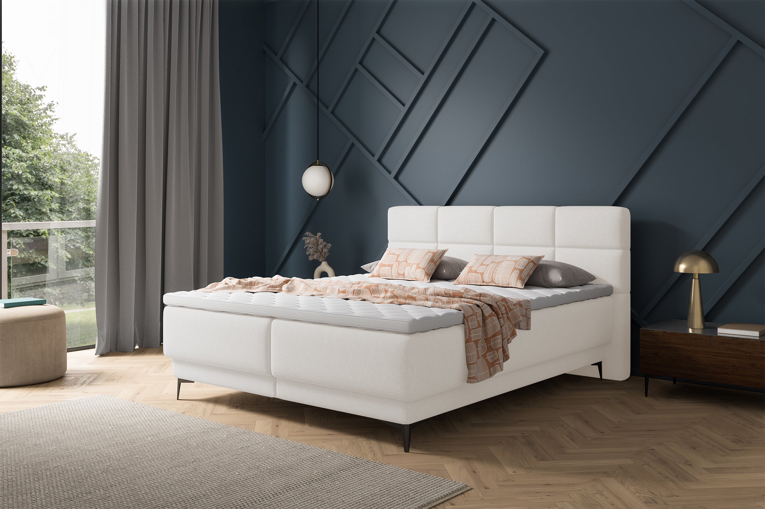 Kontinentales Bett 140x200 cm Rektango mit Stauraum und Topper, cremefarbener Samt