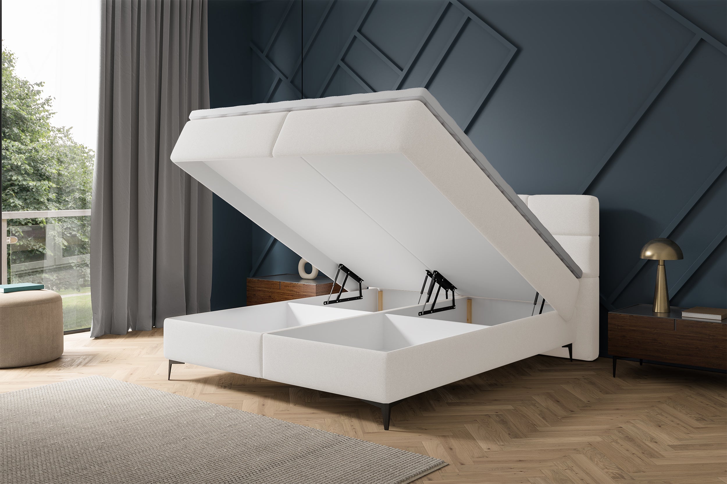 Kontinentales Bett 180x200 cm Rektango mit Stauraum und Topper, cremefarbener Samt