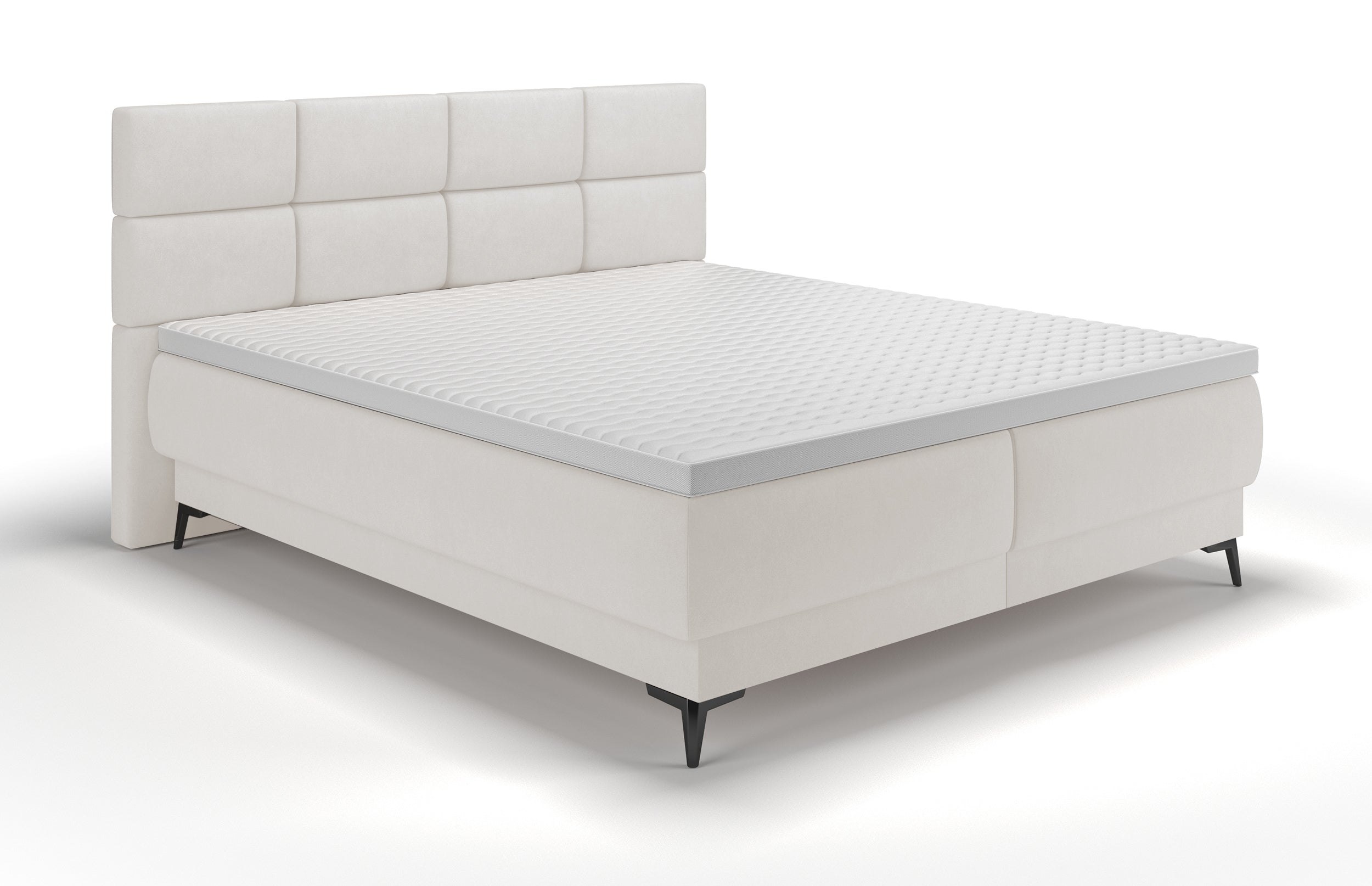 Kontinentales Bett 140x200 cm Rektango mit Stauraum und Topper, cremefarbener Samt