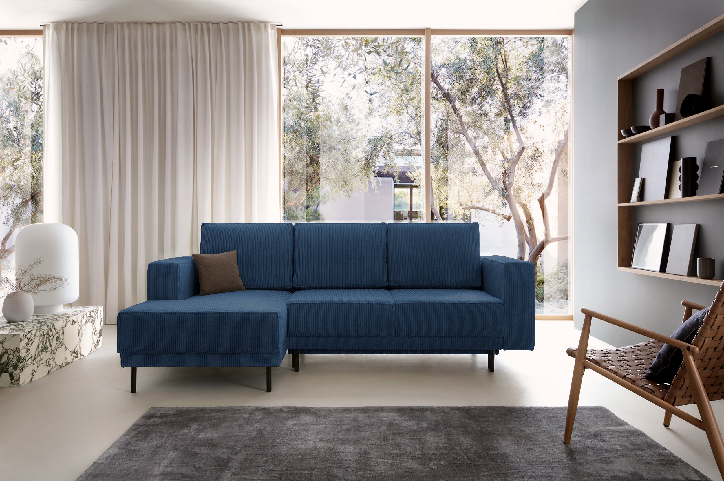 Ecksofa mit Schlaffunktion Rodario mini L-förmig mit Stauraum, dunkelblauer Cord, linksseitig