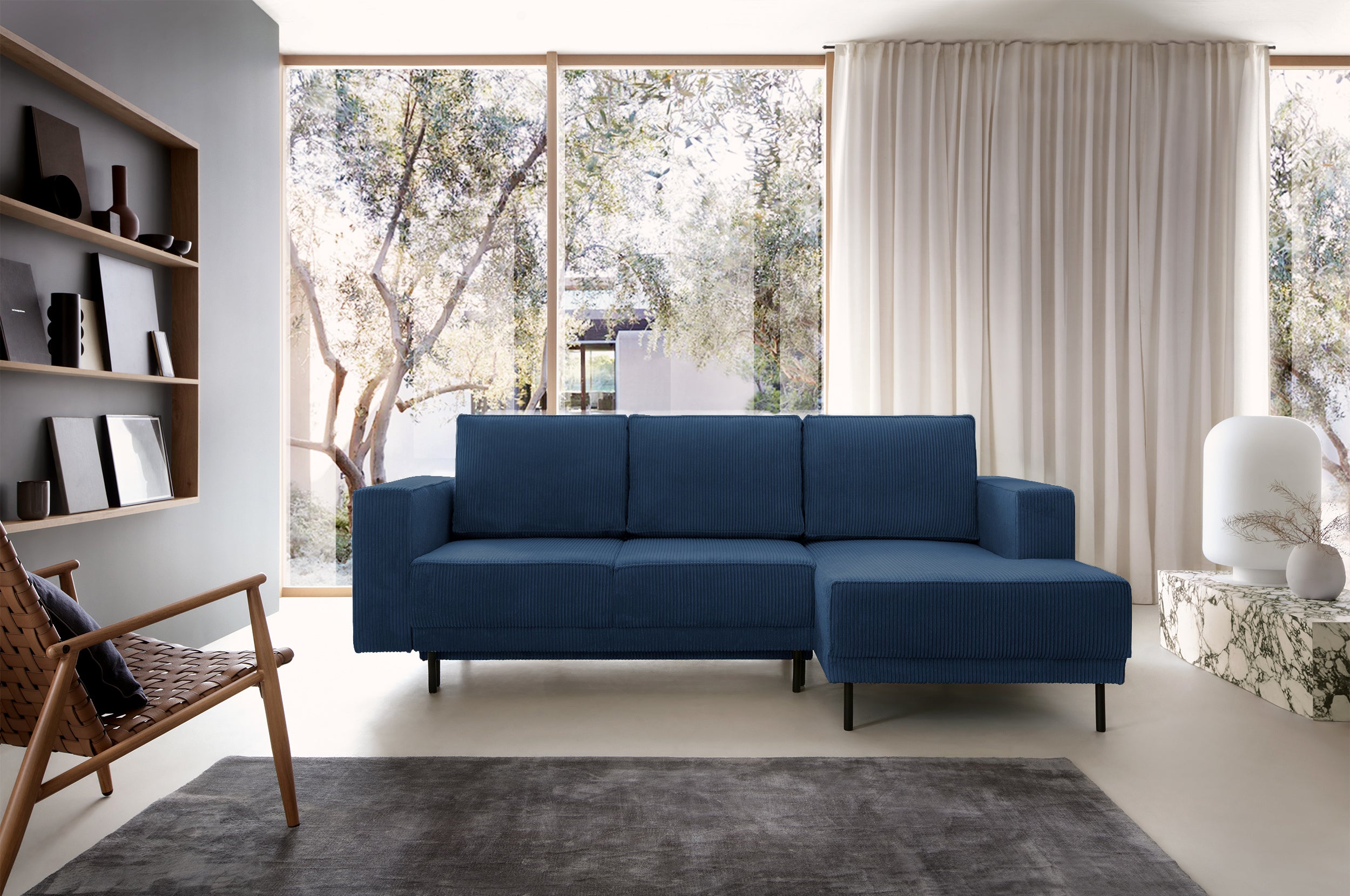 Ecksofa mit Schlaffunktion Rodario Mini, L-förmig, mit Stauraum, dunkelblauer Cord, rechtsseitig