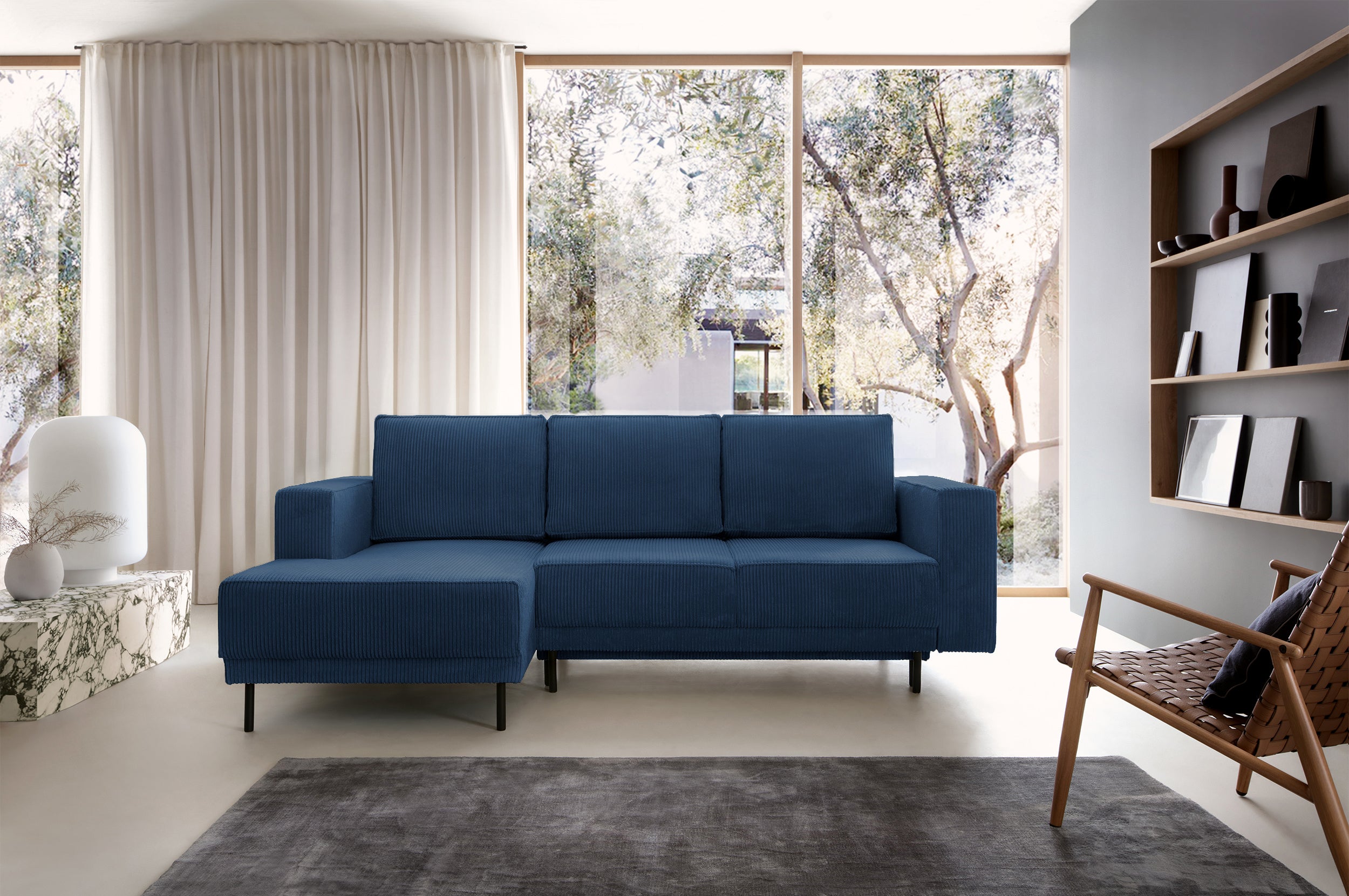 Ecksofa mit Schlaffunktion Rodario mini L-förmig mit Stauraum, dunkelblauer Cord, linksseitig