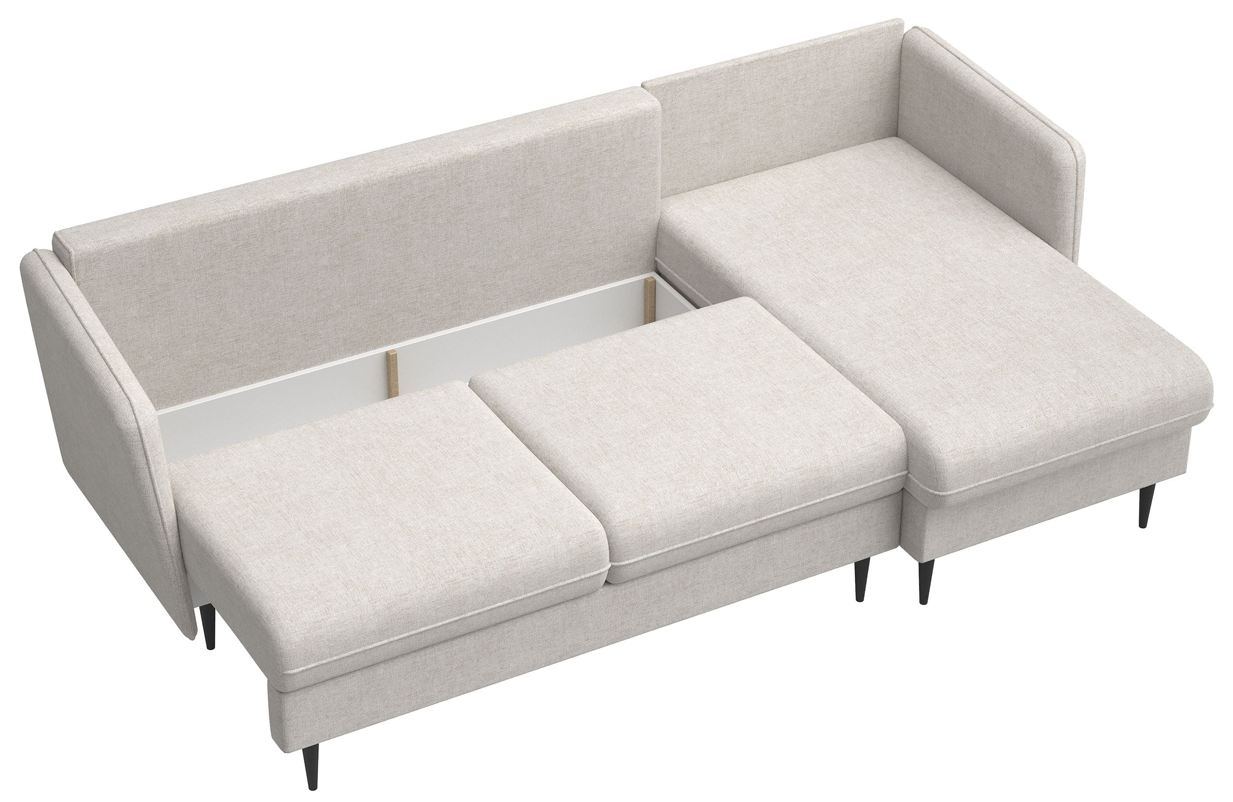 Ecksofa mit Schlafunktion Volio, L-förmig, hellbeige Chenille, schwarze Beine