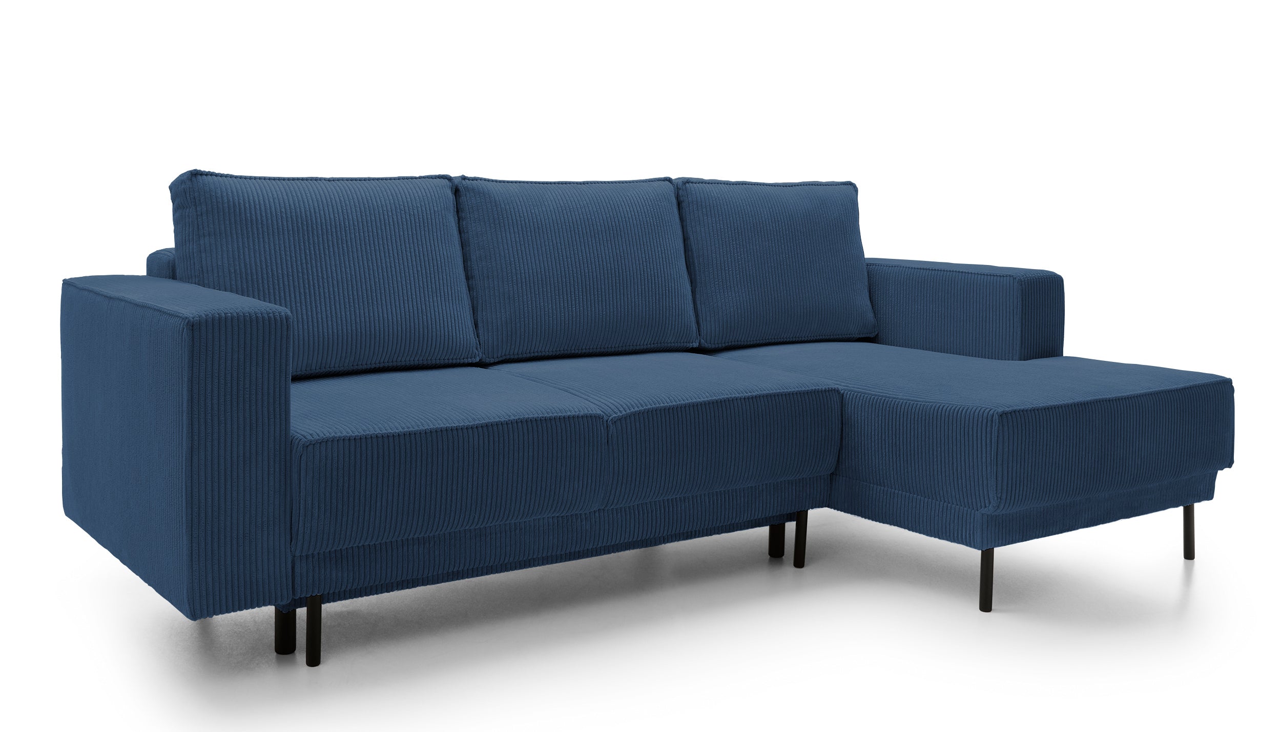 Ecksofa mit Schlaffunktion Rodario Mini, L-förmig, mit Stauraum, dunkelblauer Cord, rechtsseitig