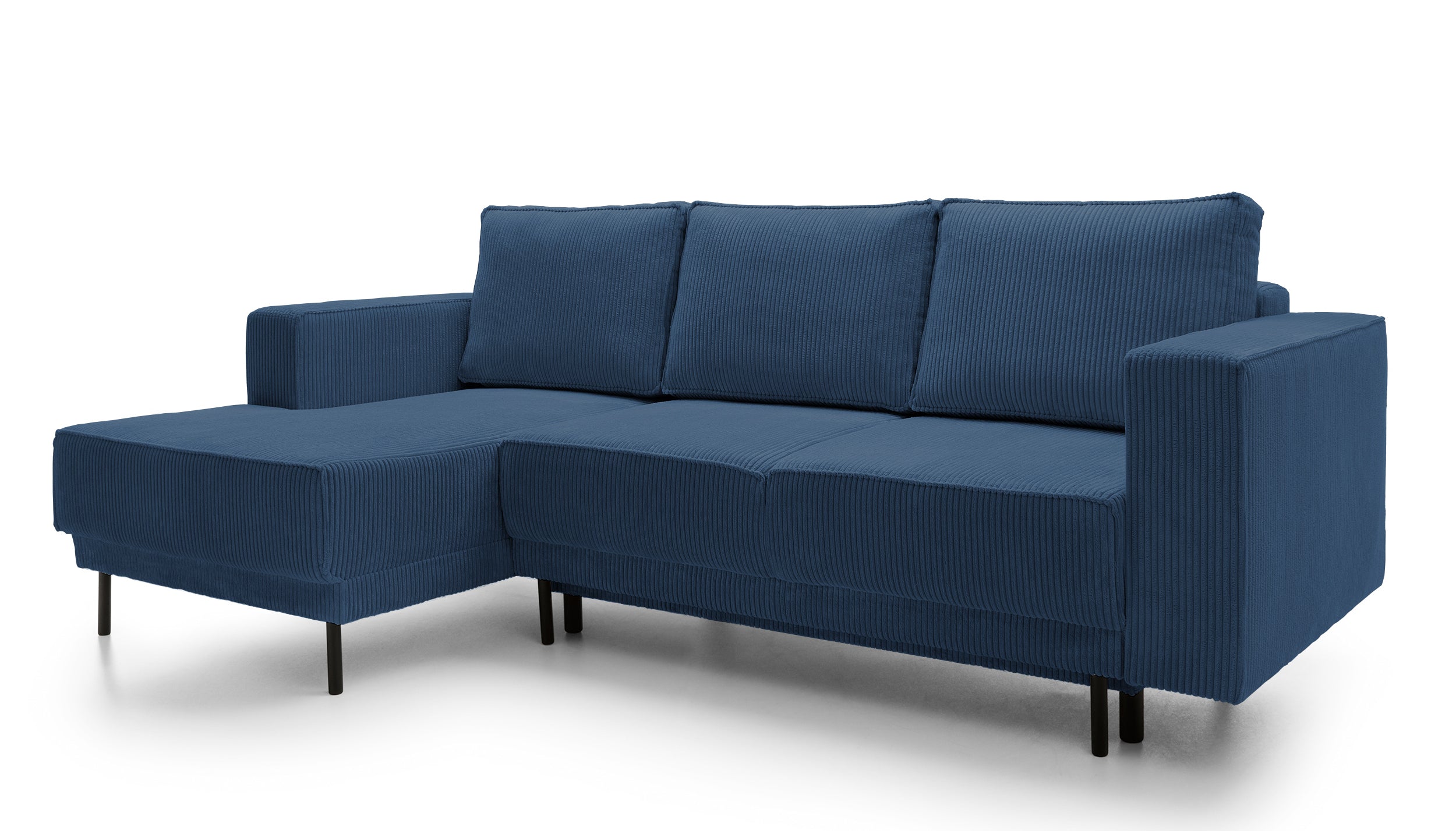 Ecksofa mit Schlaffunktion Rodario mini L-förmig mit Stauraum, dunkelblauer Cord, linksseitig