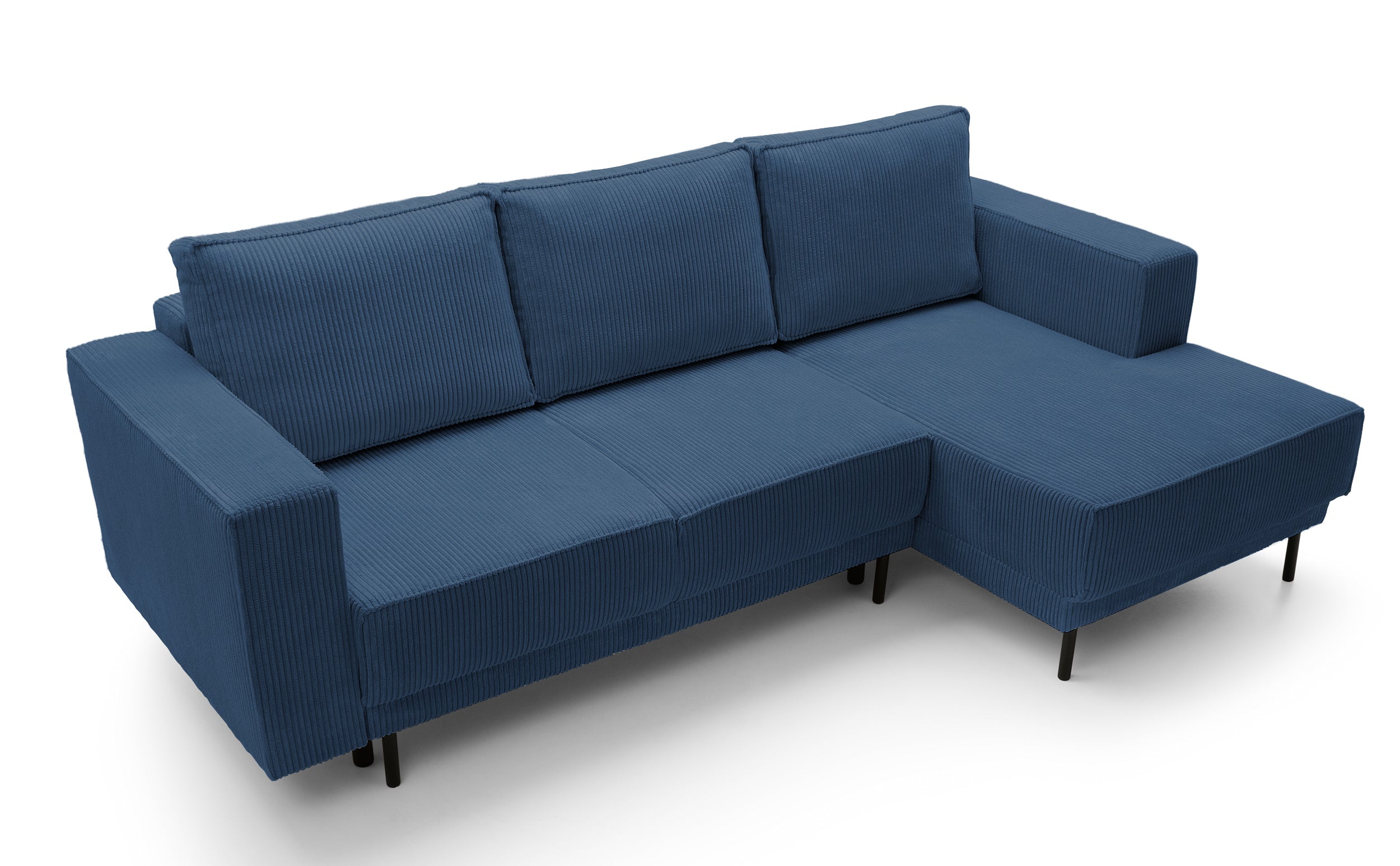 Ecksofa mit Schlaffunktion Rodario Mini, L-förmig, mit Stauraum, dunkelblauer Cord, rechtsseitig