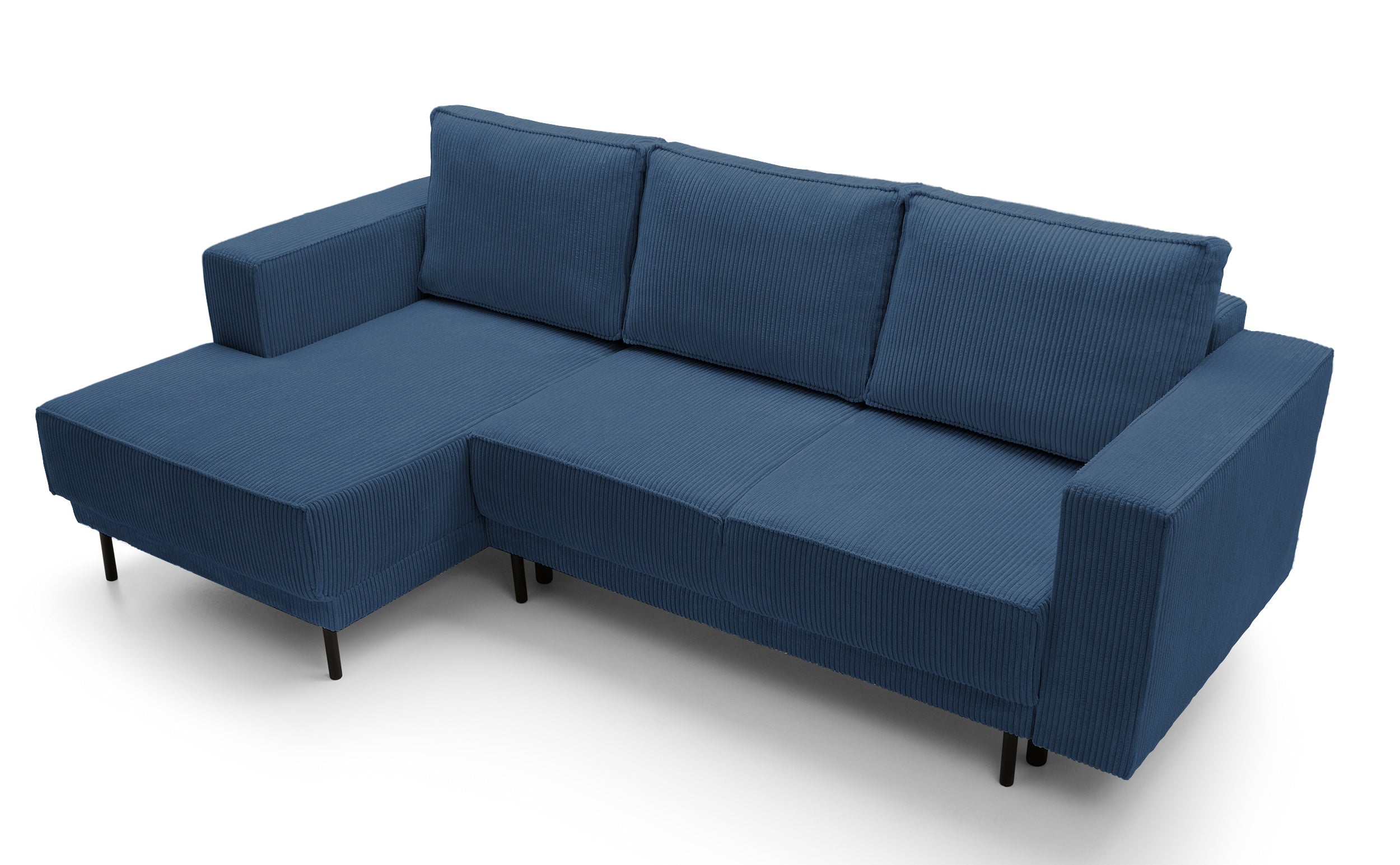 Ecksofa mit Schlaffunktion Rodario mini L-förmig mit Stauraum, dunkelblauer Cord, linksseitig