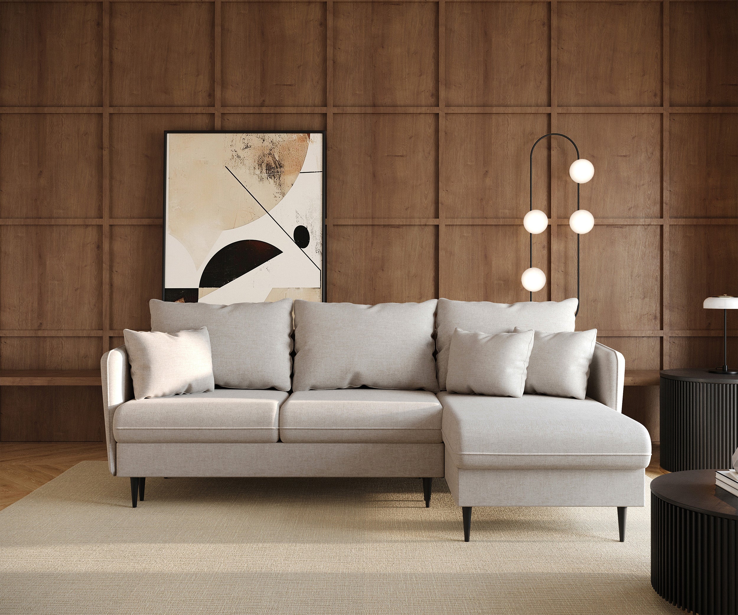 Ecksofa mit Schlafunktion Volio, L-förmig, hellbeige Chenille, schwarze Beine