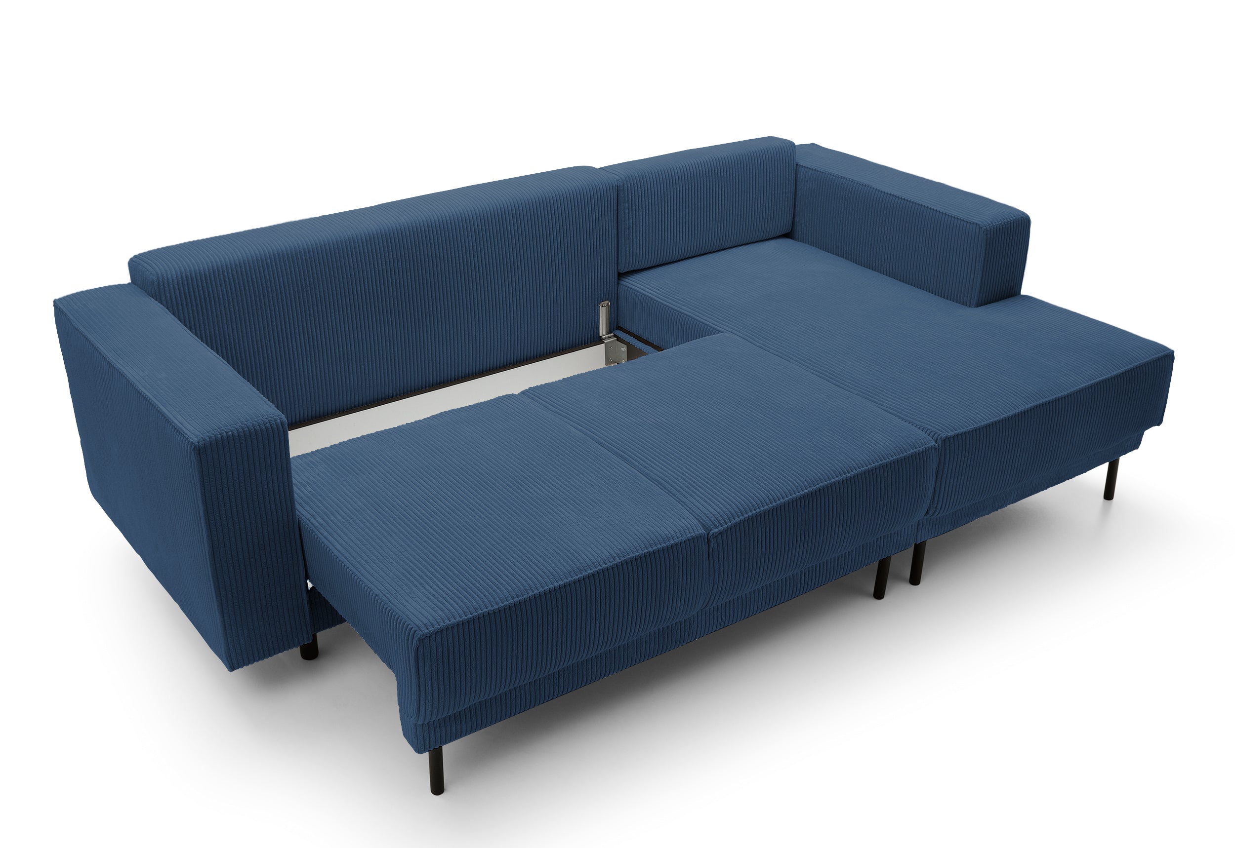 Ecksofa mit Schlaffunktion Rodario Mini, L-förmig, mit Stauraum, dunkelblauer Cord, rechtsseitig