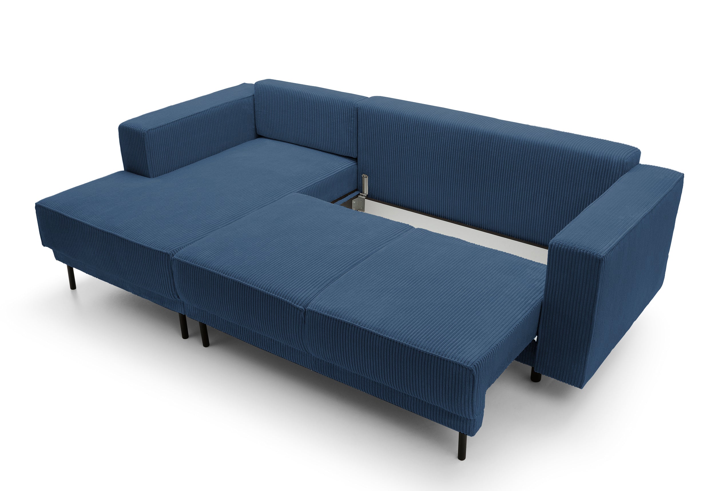 Ecksofa mit Schlaffunktion Rodario mini L-förmig mit Stauraum, dunkelblauer Cord, linksseitig