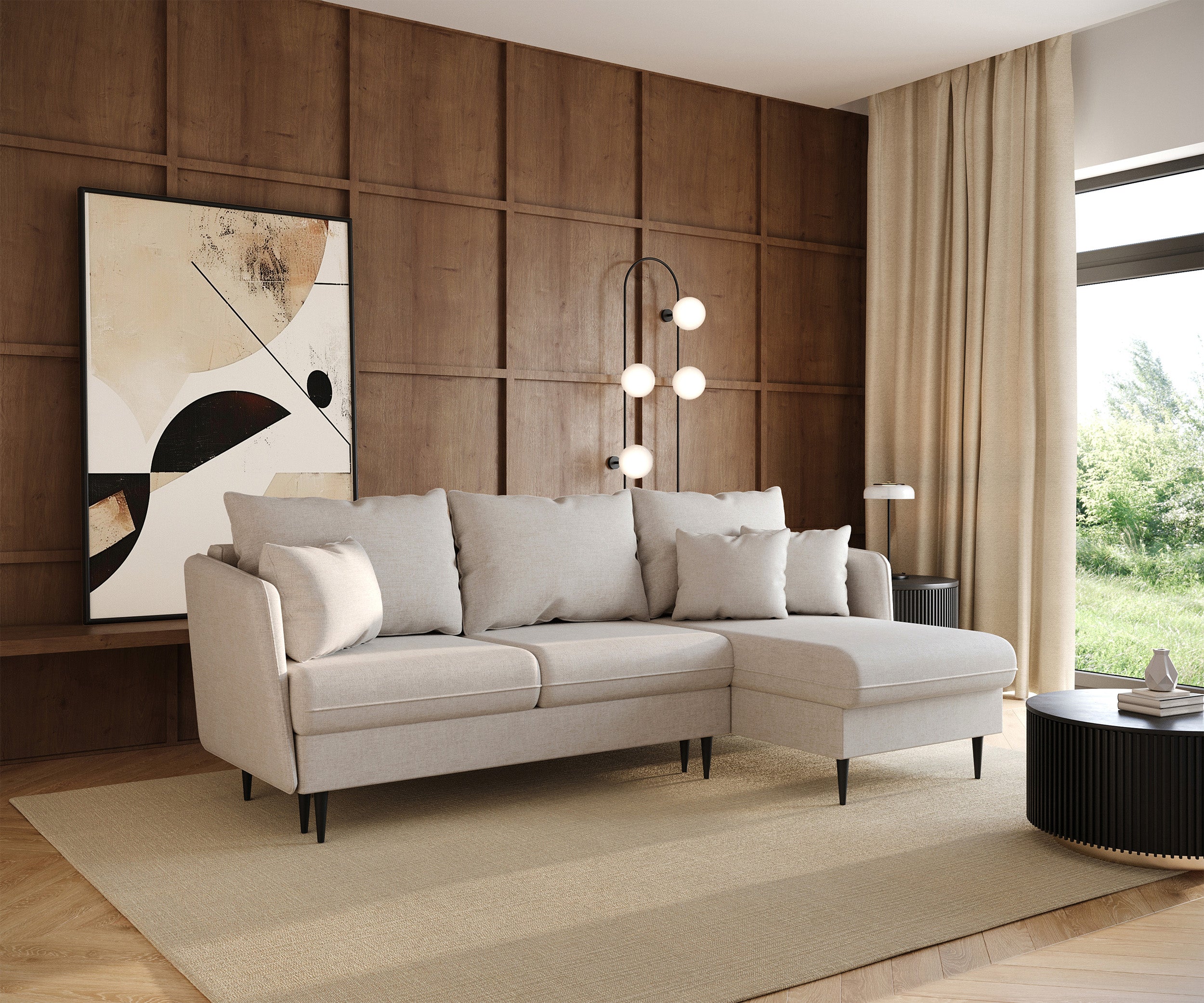 Ecksofa mit Schlafunktion Volio, L-förmig, hellbeige Chenille, schwarze Beine